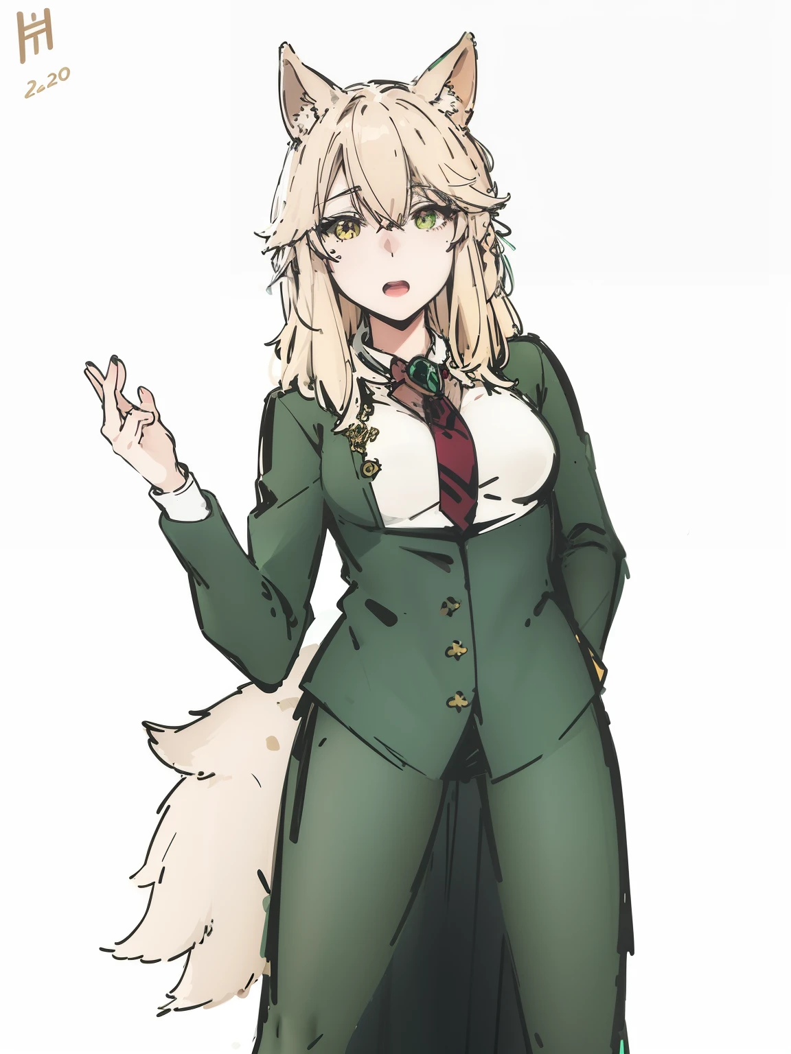 desenho anime de uma mulher em um casaco verde e uma cauda de raposa, female anthropomorphic fox, Cabelos compridos humanoide Fursona, female fursona, lineart colorido, Colorido digitalmente, raposa branca - cabelo, lineart colorido, arte de linha colorida, colorful sketch, character adoptable, totalmente colorido, ( ( usando um casaco longo ) ), high quality colored sketch