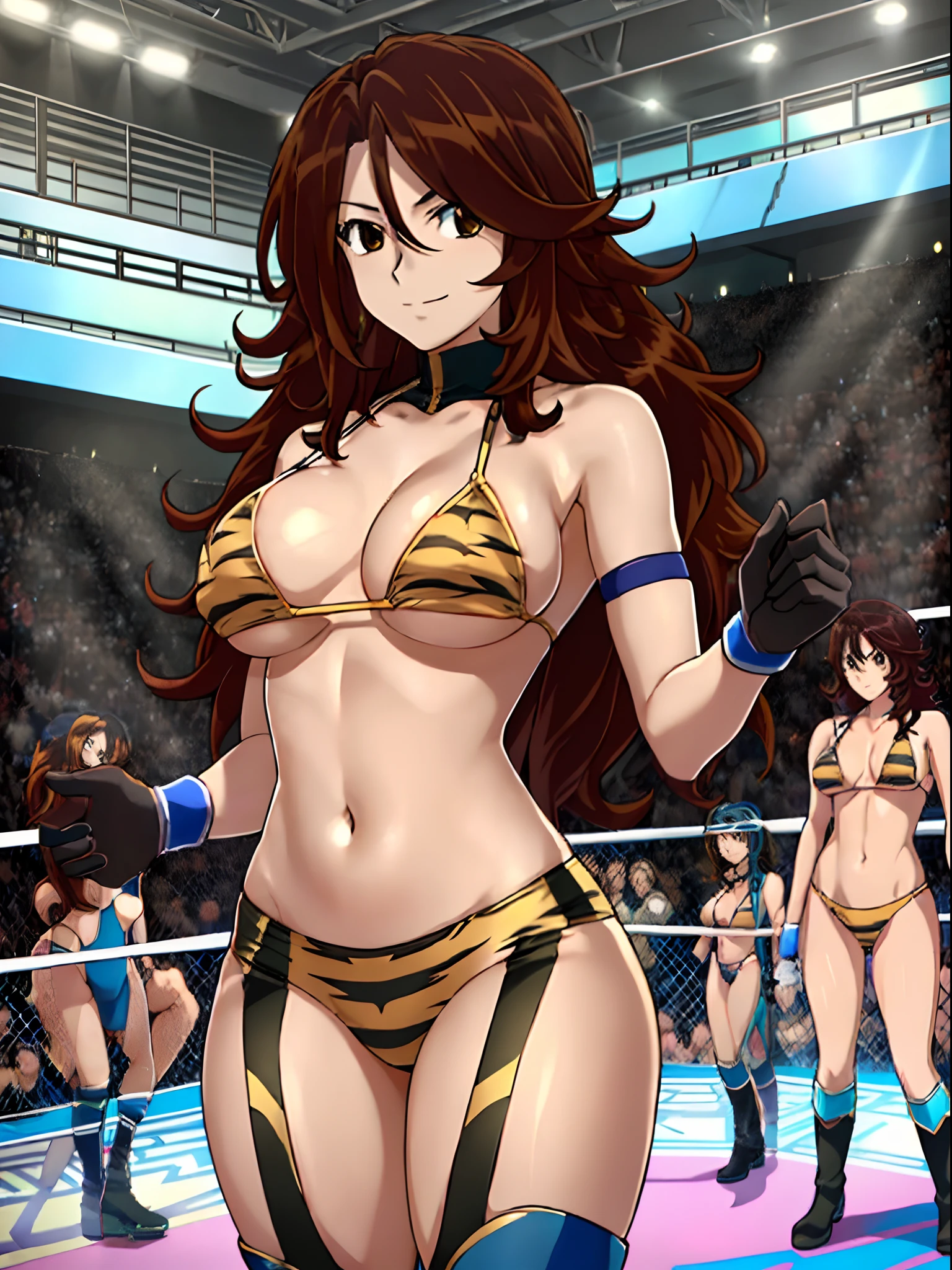 cowboy shot, upper body view, anime style: 1.8, anime drawing, ultra detailed face, ultra detailed body, 4k, Sumergai Lee Noriega, (standing), best quality, anime style, hires, highest definition, digital blending, bold drawing lines, ((slender body, female wrestler), (location: wrestling arena, crowds watching), (weak body, slender body, broad shoulders), mature woman, ((wrestling gear: tigress micro bikini, boots, gloves)), victorious, winner, smile, tired, (big breasts), (big eyes, brown eyes), (warming up), (brown hair, curly hair, wavy hair, long hair, missy hair), 27 years old,