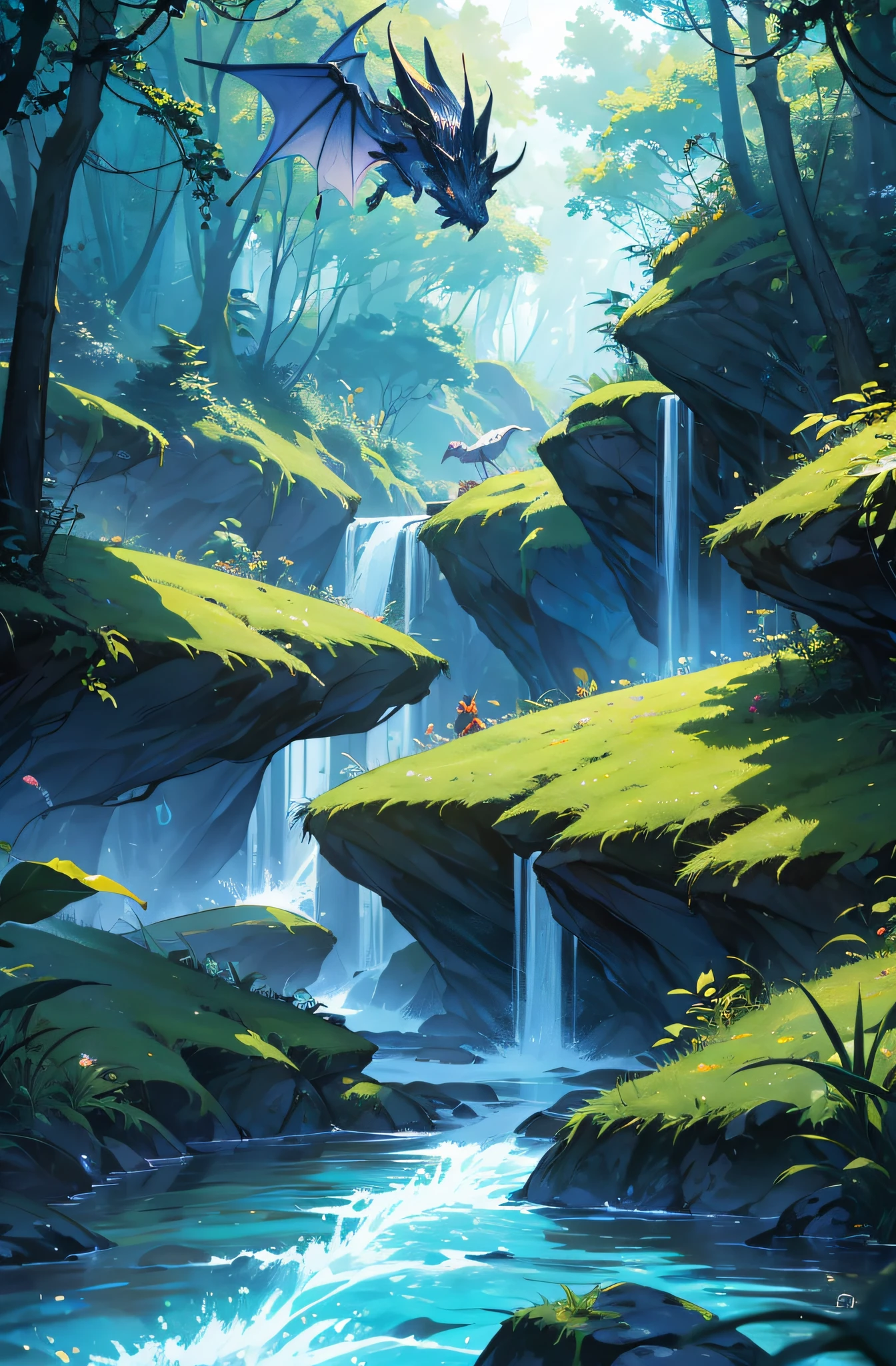 Yinyuejun\(Zeichen\),Drache1\(Funktionen\),verschwommener Hintergrund,Wald,Hintergrundbeleuchtung,Fluss,Spray,eine Hand nach oben,floating on the surface of the water,Riesiger Sternenhimmel,Wald,