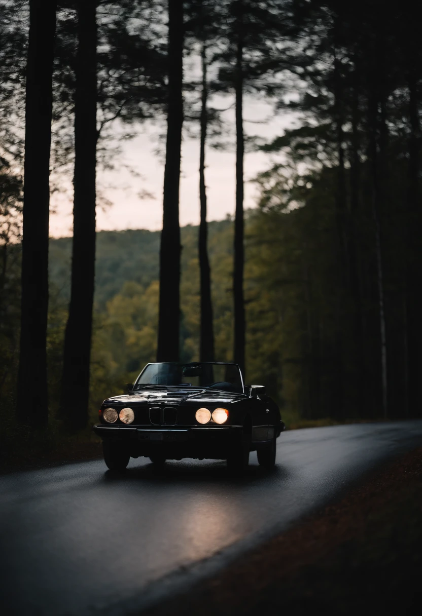 Woman driving a car on a road in the woods at night, estamos vendo a mulher dirigindo pelo parabrisa do carro, behind the car and on the sides we see the landscape of the road and the dark forest