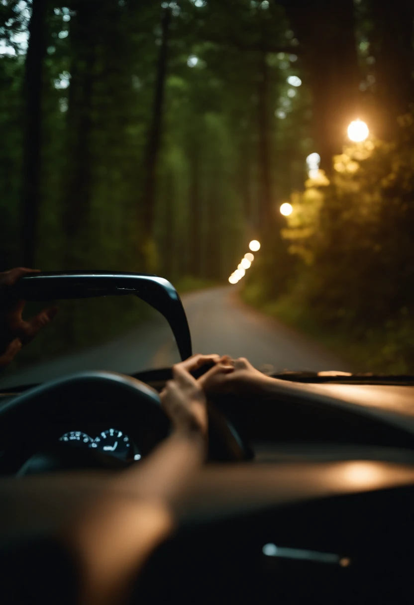 Woman driving a car on a road in the woods at night, estamos vendo a mulher dirigindo pelo parabrisa do carro, behind the car and on the sides we see the landscape of the road and the dark forest