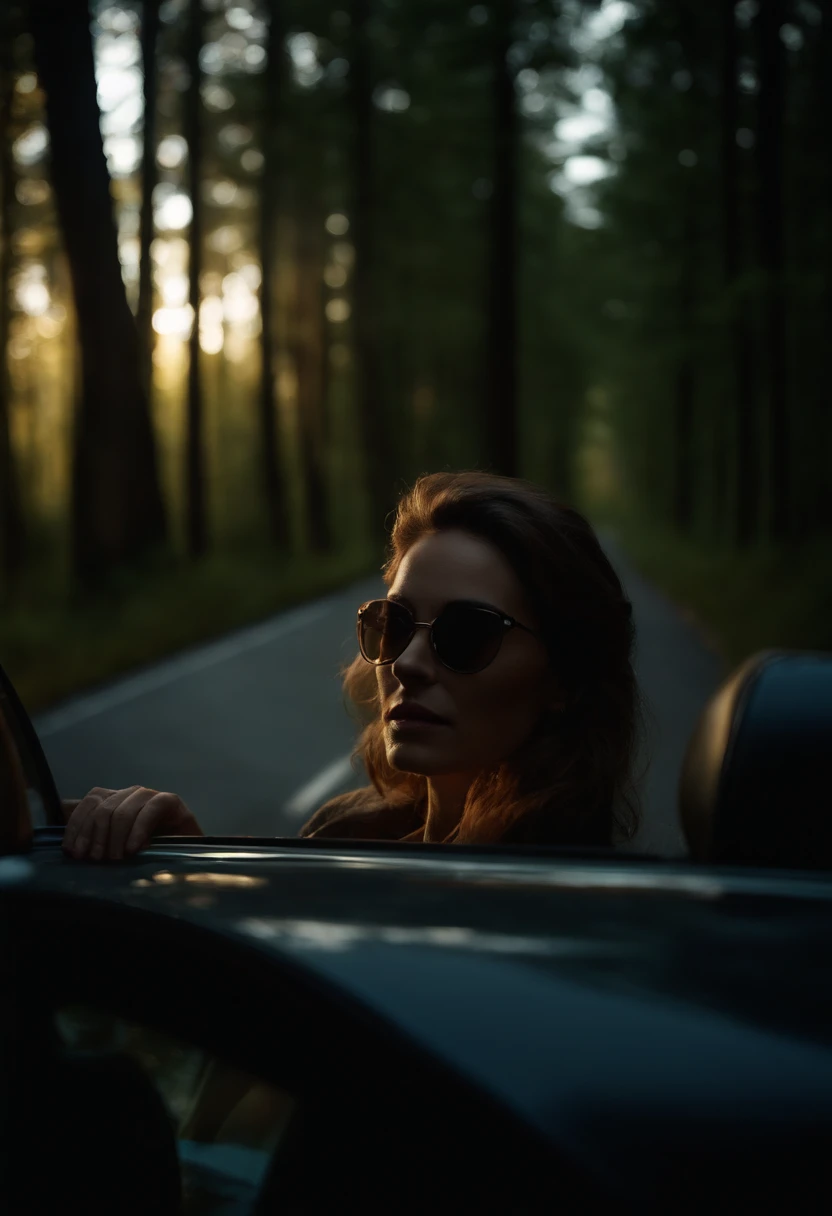 Woman driving a car on a road in the woods at night, estamos vendo a mulher dirigindo pelo parabrisa do carro, behind the car and on the sides we see the landscape of the road and the dark forest
