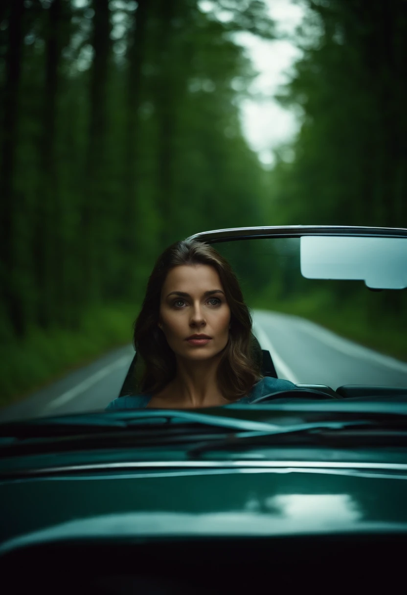 Woman driving a car on a road in the woods at night, estamos vendo a mulher dirigindo pelo parabrisa do carro, behind the car and on the sides we see the landscape of the road and the dark forest