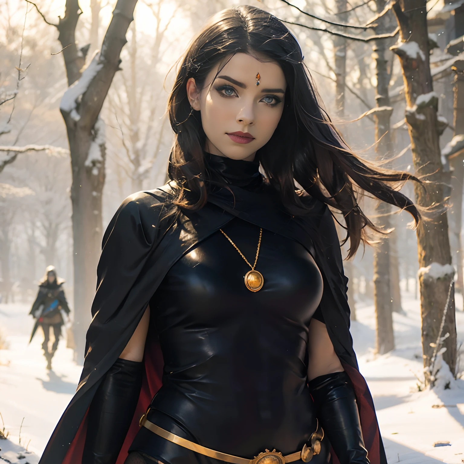 enjinight as 1girl, cowboy shot of rvn, hotraven, pale skin, black leotard, turtleneck, tights, cape, glowing eyes, gold belt, jewels, medallion, athletic, looking at viewer, night, dark forest, mist, fog, volumetric lighting, best quality, masterpiece, intricate details, tonemapping, sharp focus, hyper detailed, realistic