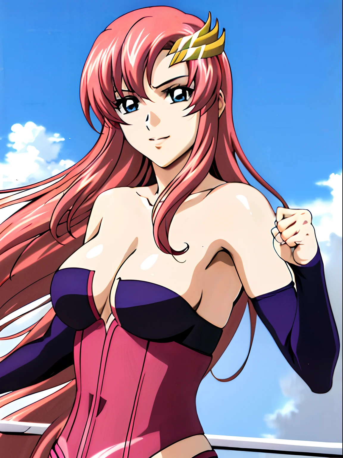 (masterpiece, upper body view, 4K, Best Quality, Anime style: 1.9,, Adult Woman, ultra detailed face, (cloud background, wrestling), Drawing lines, high resolution, Anime, lacus4), 1girl, Solo, curvy figure, Long hair, 鎖骨, scapular, (Detailed wide hair bangs, Hair Ornament, Detailed reddish-pink hair, golden crest), cleavage, large hands, (female wrestler). (Big blue eyes, shiny eyes), ((female wrestler, slender body, broad shoulders, closed fists)), ((perfect proportions, medium breasts, long belly)), (((corset, pink wrestling gear))), confident, smile, (standing, looking at the viewer)