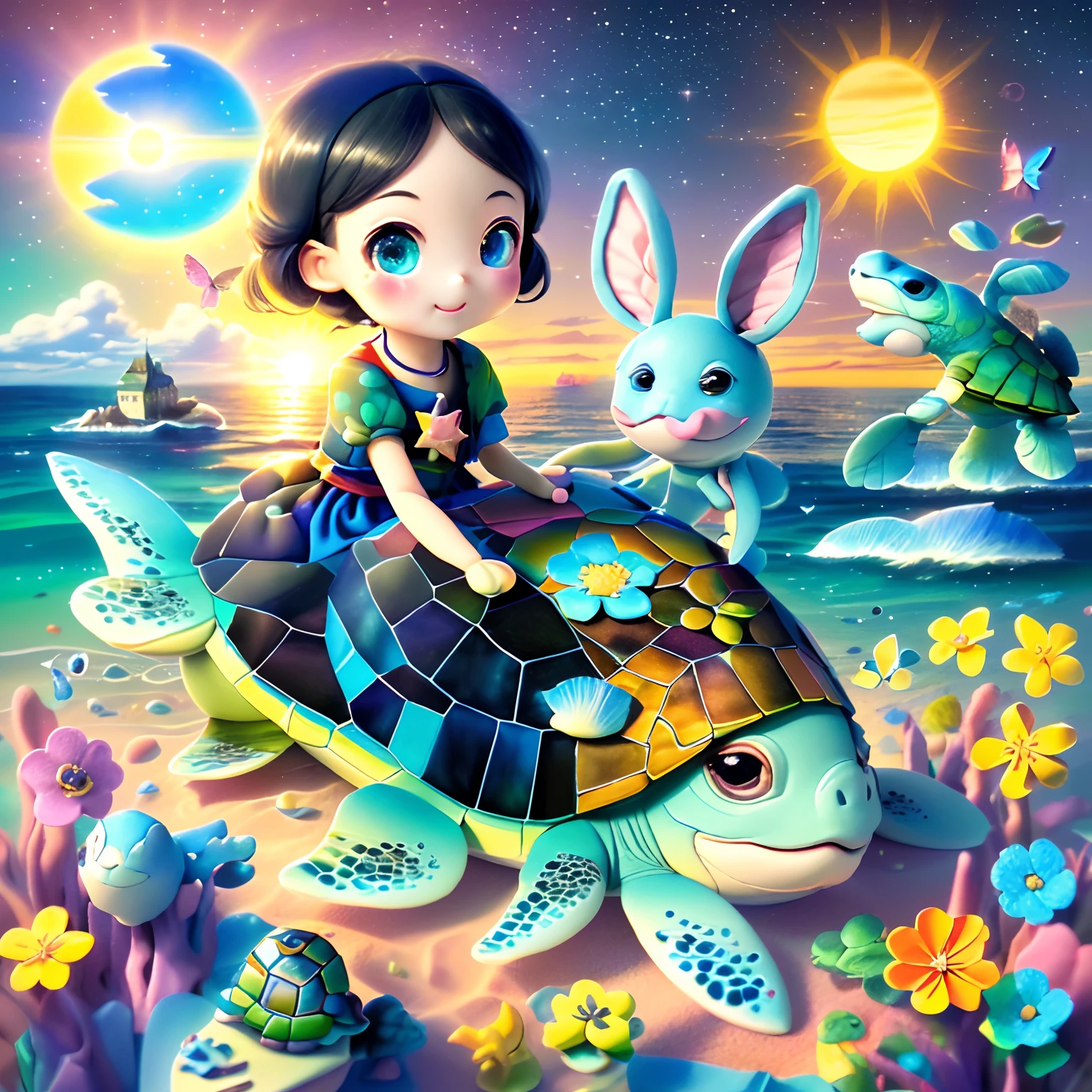 ((cubism))++、(Must be very detailed)、((((((Many colors are mixed、Very balanced colors))))))、((Very gentle and colorful、with light glowing、pastel))、((((All made of paper clay))))、(Cute little girl s、Black hair twin-tailed pigtail)、(Cute rabbit) 、((((Cute turtle))))、(🐙)、(AngelT)、((butterflys々))、((Crescent))、((the reef、sea side))、(Ryugu Castle、Glittering sun)、((at noon))、((Three-dimensional))、((In polyhedron))、lensflare、Particles of light、profetional lighting、((Adjust the midday and midnight gap))