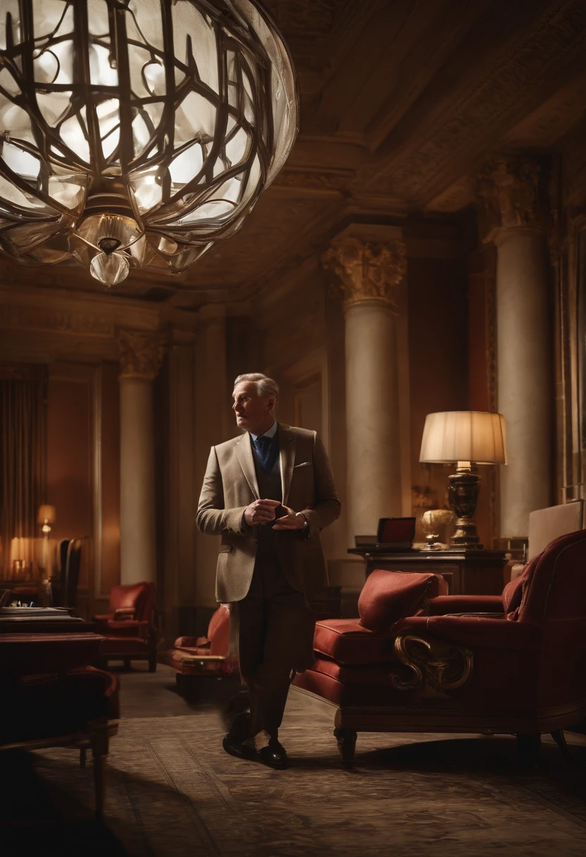 "Write a detailed narration of the scene where a trainer is sitting in a high-end TV chair, dressed in an elegant suit and giving a captivating training. Describe their environment, son apparence, his way of expressing himself and how he connects with the audience through the screen. Mettez en avant le professionnalisme, The passion and impact of his presentation." le formateur regarde en face