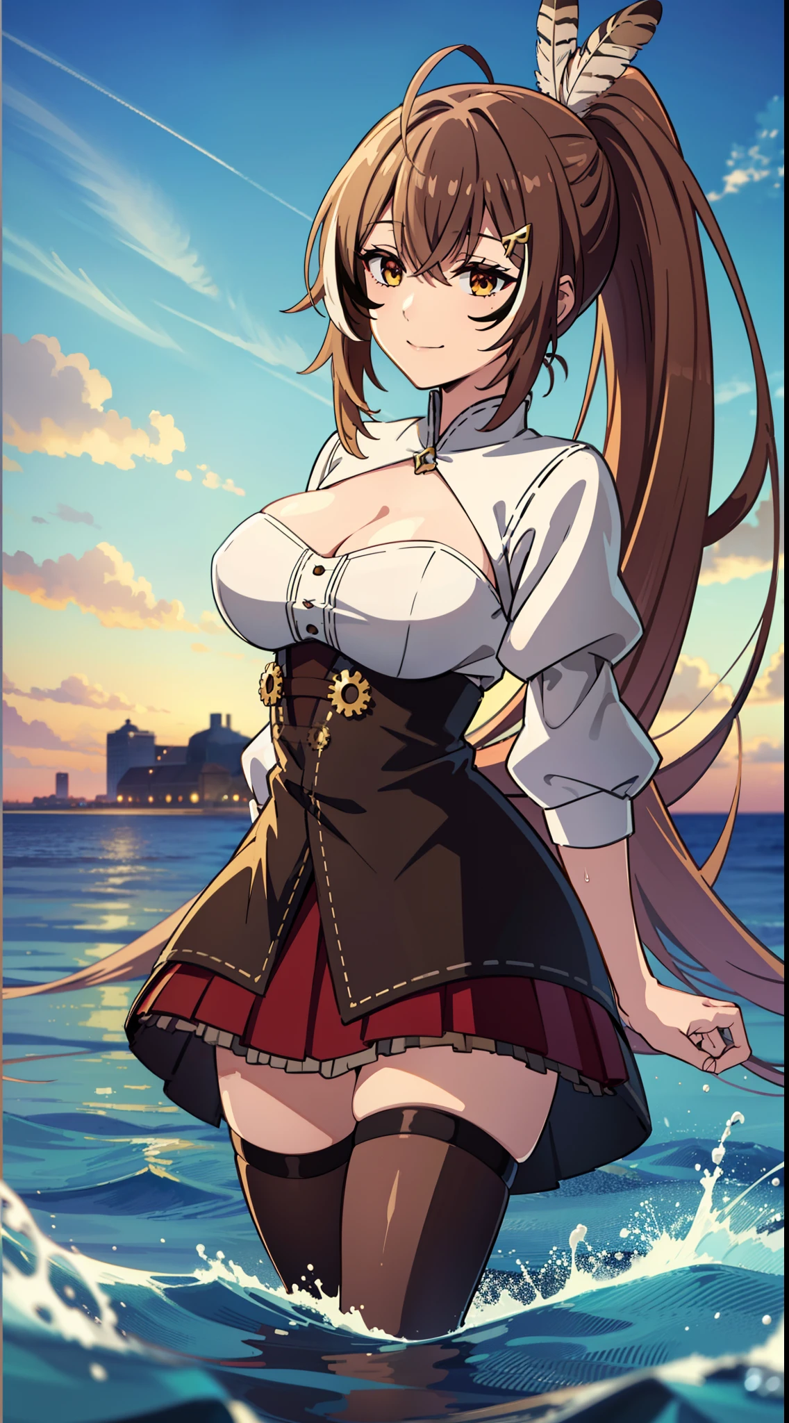 2D, HD, Detailed details, Detailed landscapes, beautiful lights, Beautiful Shadows, top-quality, Highly detailed, masterpiece, best quality, highres, aamumei, long hair, ponytail, ahoge, multicolored hair, feather hair ornament, hairclip, white shirt, brown corset, red skirt, mini breasts, closed mouth, smile, looking at viewer, highly detailed hands, highly detailed eyes, cleavage, Perfect hands, highly detailed face, full body, anime styled, blue sky, sky background, arms behind back, walk on water, sea, backdrop of dawn, horizon, Saturn in the background, wet clothes
