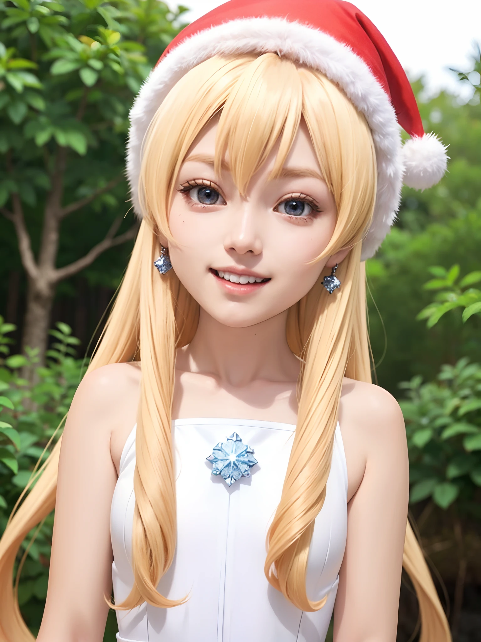 (masuter piece、Best Quality、Cute symmetrical face、Norse man、Beautiful blonde hair with bangs、a blond、1 girl、Very young pretty girl、Very young girl、Very young pretty girl、Very small cute girl、Deities々Shii Girl、Very young face、Symmetrical and very cute face)、(Beautiful shiny beautiful blonde hair with bangs、Intense crystal light blue eyes、Pale colored crystal light blue eyes、no earrings、Beautiful white skin)、(Cute costume of Santa Claus in red and white、Cute hat of Santa Claus in red and white、Very cute girl from Santa Claus)、5years old、Very young very cute girl:1.5、Deities々Cute ***********、very cute female child、happily laughing、Smile happily、The best smile、Beautiful teeth、Beautiful teeth alignment、Beautiful skins、Staring into the distance on the left、Forest with light on beautiful nature background、Deities々Deep forest background、Winter forest background、cowboy  shot