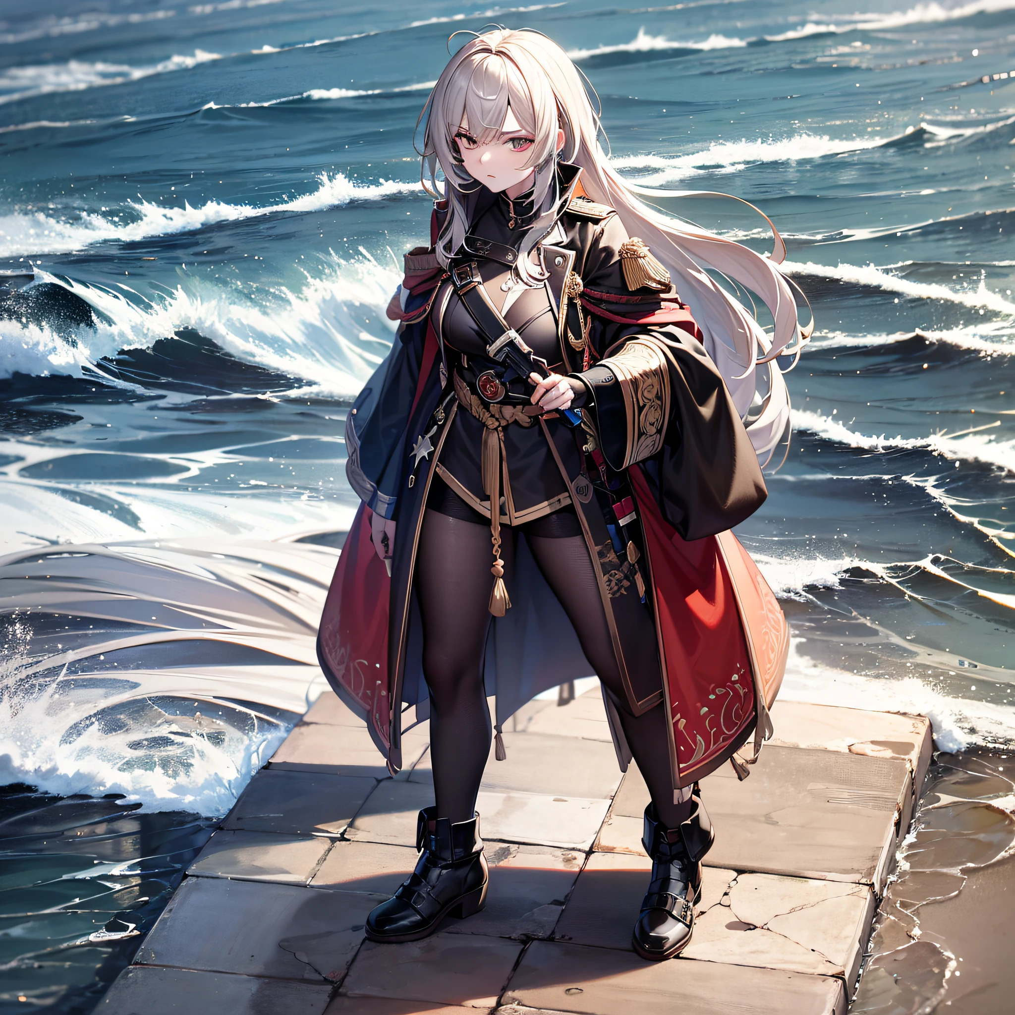 absurd resolution, high resolution, (master part: 1.4), hiper-detalhe, Seaside open dock weapons testing ground, 1 jovem mulher, cabelos ruivos curtos, traje de soldado, Olhando para um telefone (1.2) very serious expression