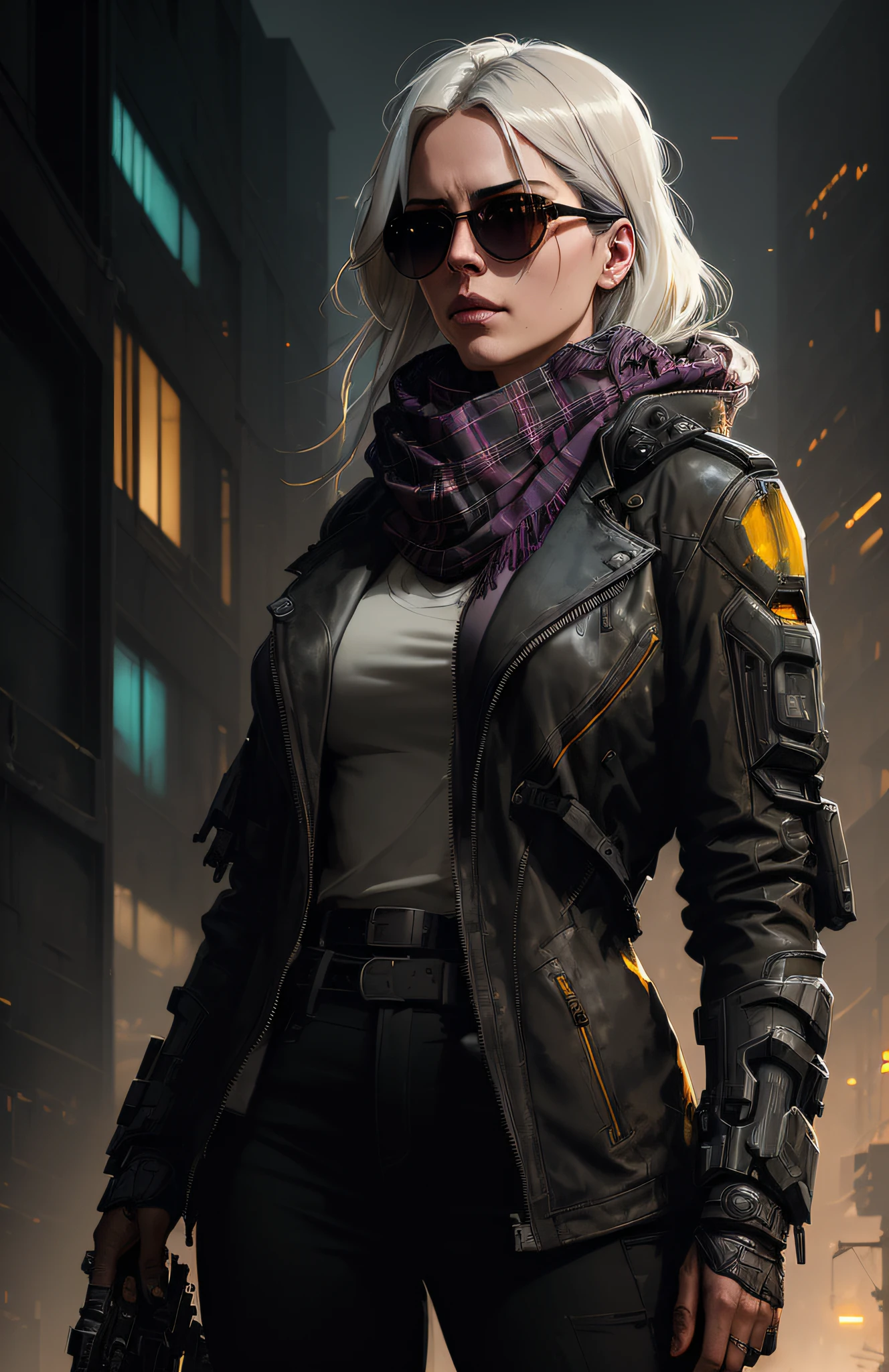 (dark shot:1.1), epic realistic, portrait of halo, sunglasses, blue eyes, tartan scarf, white hair by atey ghailan, by greg rutkowski, by greg tocchini, by james gilleard, by joe fenton, by kaethe butcher, gradient yellow, black, brown and magenta color scheme, grunge aesthetic!!! graffiti tag wall background, art by greg rutkowski and artgerm, soft cinematic light, adobe lightroom, photolab, hdr, intricate, highly detailed, (depth of field:1.4), faded, (neutral colors:1.2), (hdr:1.4), (muted colors:1.2), hyperdetailed, (artstation:1.4), cinematic, warm lights, dramatic light, (intricate details:1.1), complex background, (rutkowski:0.66), (teal and orange:0.4)