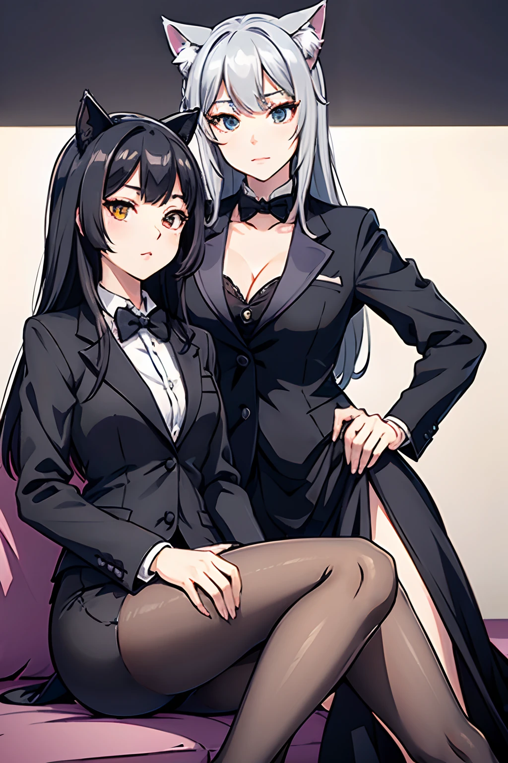 Lady with cat ears dressed in gray formal suit, Next to the lady her teenage daughter with cat ears dressed casually