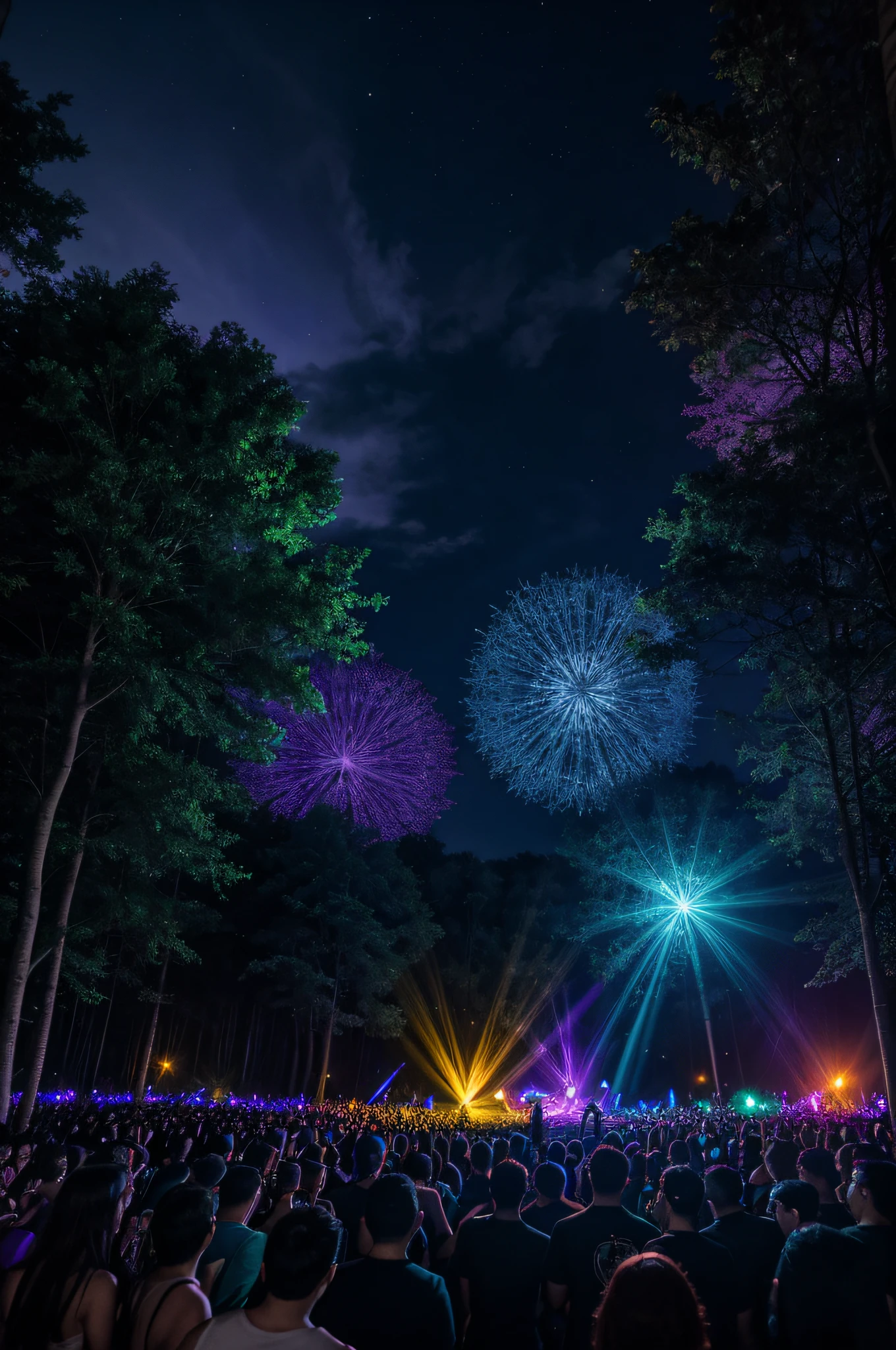 (party in the forest at night,magical lighting,revealing the DJ Pioneer controller,beside his parked car),(best quality,4k,8k,highres,masterpiece:1.2),ultra-detailed,(realistic,photorealistic,photo-realistic:1.37),DJ playing energetic music,funky beats filling the air,enchanted forest with glowing trees and sparkling fireflies,mesmerizing light patterns swirling around the DJ,(studio lighting,vivid colors,bokeh),magical atmosphere with a mix of blues, purples, and greens,car lit up with neon lights,enhancing the vibrant ambiance,full moon casting a soft, ethereal glow,creating shadows that dance along with the music,surrounded by a crowd of party-goers with illuminated accessories and costumes,floating lanterns lighting up the night sky,giving a dreamlike feeling,clouds parting to reveal a sky full of stars,immersing everyone in a mystical DJ experience.