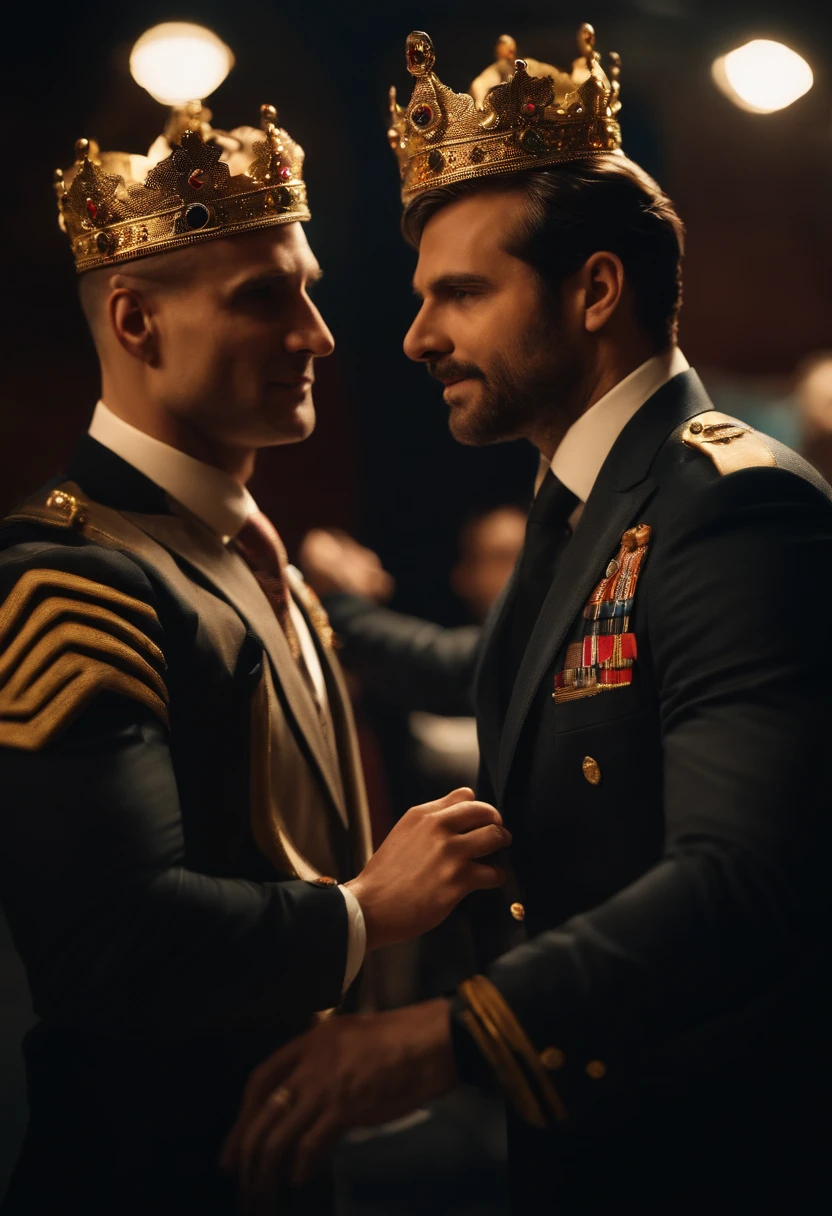 bsuiness man giving his crown to another business man , realistic, cinematic