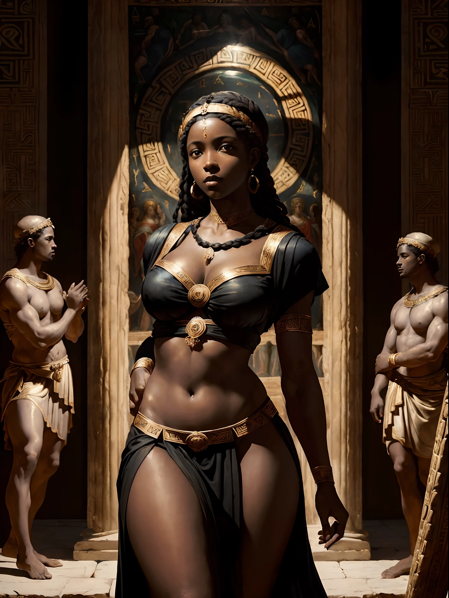 (Renaissance painting of a beautiful black woman in ancient greek clothes:1.3), best quality, masterpiece, expressive, thrilling, 256k, epic, crepuscular lights, (by Michelangelo, by Rafael, by Rubens:1.2), dynamic lighting, best quality, masterpiece, (best hands)