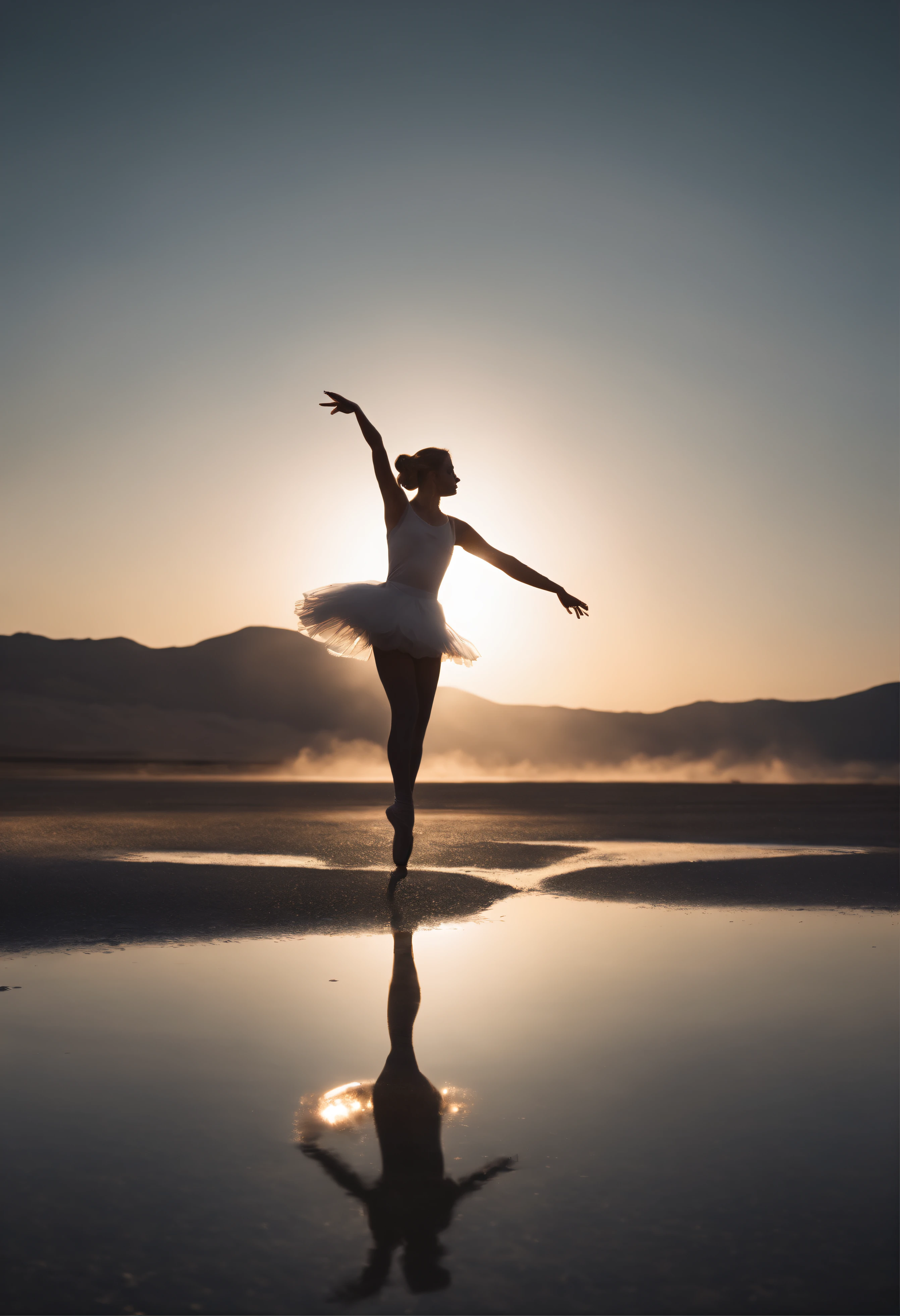 masutepiece, Original, from behind, Full body, Ballerina silhouette, ballet pose, Reach for the stars, Starlight reflected at her feet, Salt Flats Environment, Princess, sundress, Porcelain Skin, Long floating hair, Shimmering iridescent hair, Race trajectory, grateful, Natural moonlight, Ultra Wide Cinematic Shots, Dramatic Angle, Unreal Engine, Milky way, mirrornun, silhuette, light Particle, mirrornun