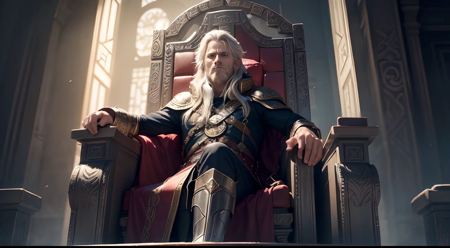 AN IMAGE OF ODIN SNETATE ON HIS THRONE IN ASGARD