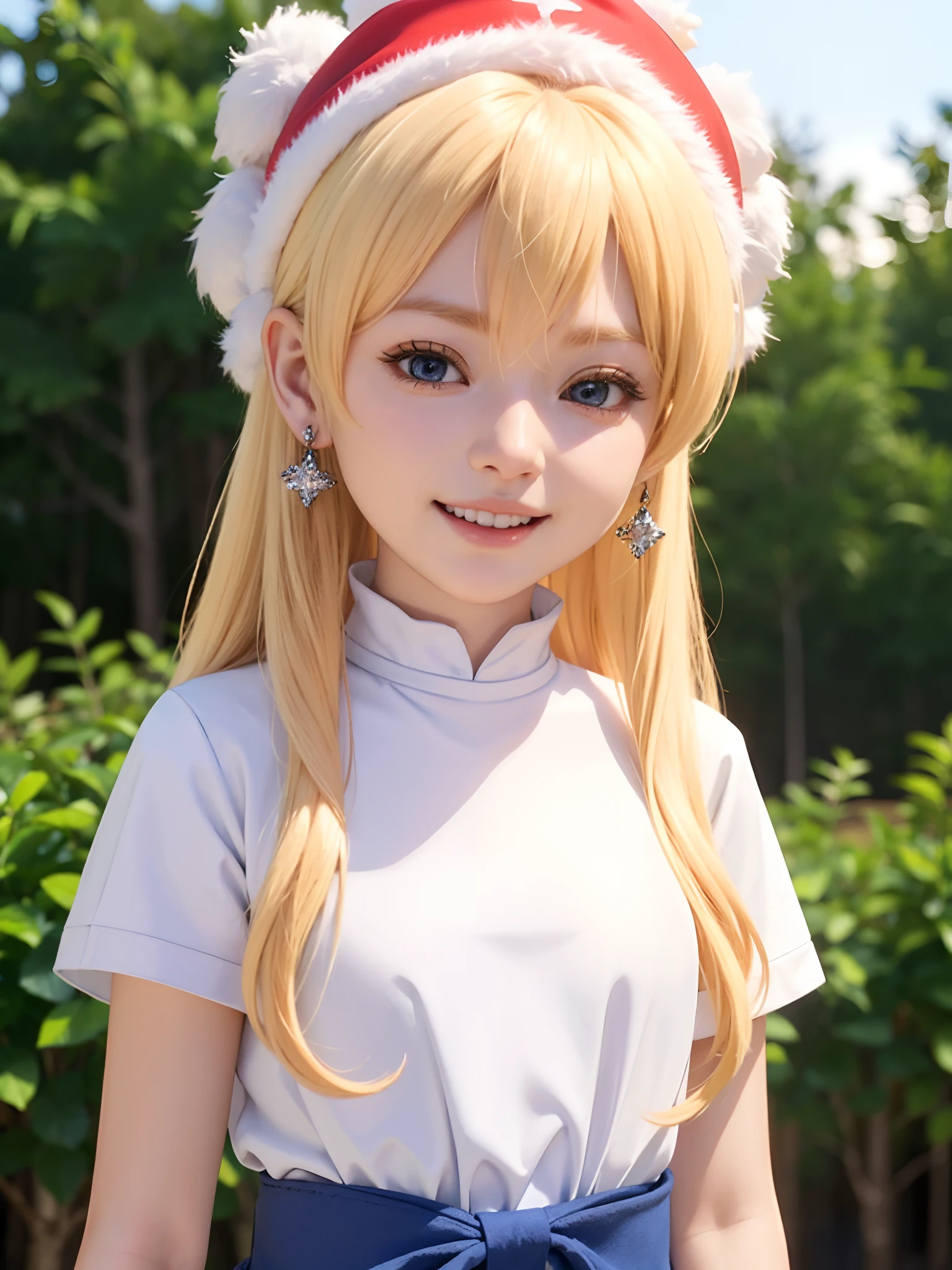 (masuter piece、Best Quality、Cute symmetrical face、Norse man、Beautiful blonde hair with bangs、Medium shorthair blonde、1 girl、Very young pretty girl、Very young girl、Very young pretty girl、Very small cute girl、Deities々Shii Girl、Very young face、Symmetrical and very cute face)、(Beautiful shiny beautiful blonde hair with bangs、Intense crystal light blue eyes、Pale colored crystal light blue eyes、no earrings、Beautiful white skin)、(Cute costume of Santa Claus in red and white、Cute hat of Santa Claus in red and white、Very cute girl from Santa Claus)、5years old、Very young very cute girl:1.5、Deities々Cute little girl、very cute female child、happily laughing、Smile happily、The best smile、Beautiful teeth、Beautiful teeth alignment、Beautiful skins、Staring into the distance on the left、Forest with light on beautiful nature background、Deities々Deep forest background、Winter forest background、cowboy  shot