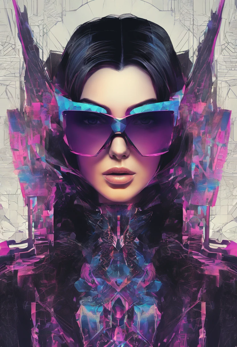 Portrait of an attractive beautiful woman with black hair with gothic costume, (altamente detalhado: 1.2), Hyper-detailed eyes and use of high-tech sunglasses with holographic display 1.2) ,Gorgeous multidimensional geometric wall, Vibrant vivid color coloring,