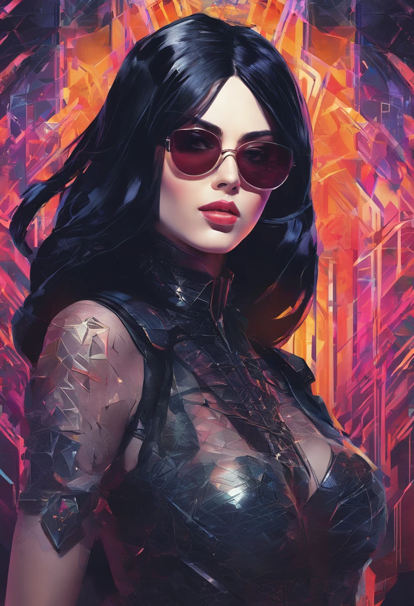Portrait of an attractive beautiful woman with black hair with gothic costume, (altamente detalhado: 1.2), Hyper-detailed eyes and use of high-tech sunglasses with holographic display 1.2) ,Gorgeous multidimensional geometric wall, Vibrant vivid color coloring,