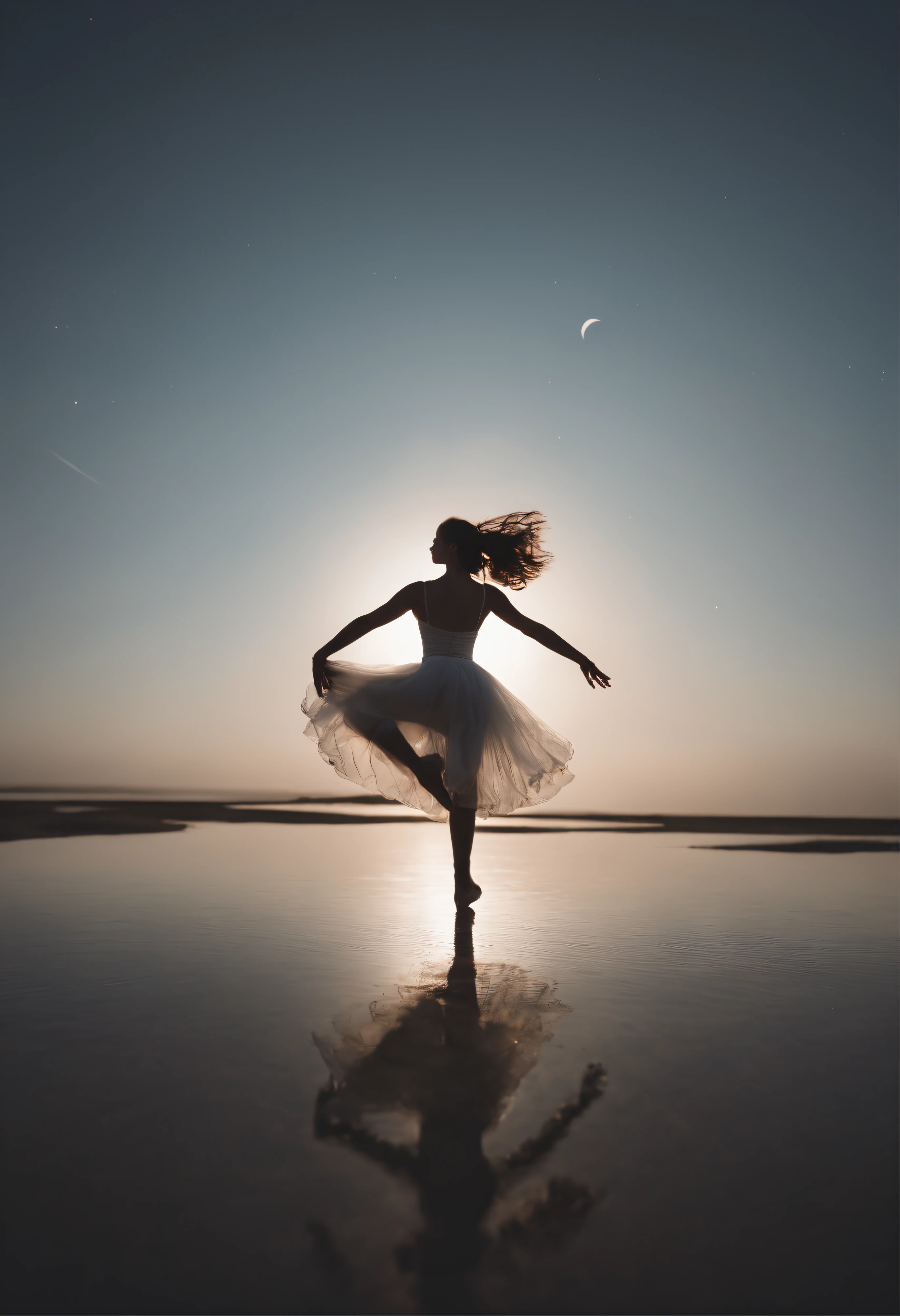 masutepiece, Original, from behind, Full body, Ballerina silhouette, ballet pose, Reach for the stars, Starlight reflected at her feet, Salt Flats Environment, Princess, sundress, Porcelain Skin, Long floating hair, Shimmering iridescent hair, Race trajectory, grateful, Natural moonlight, Ultra Wide Cinematic Shots, Dramatic Angle, Unreal Engine, Milky way, mirrornun, silhuette, light Particle, mirrornun