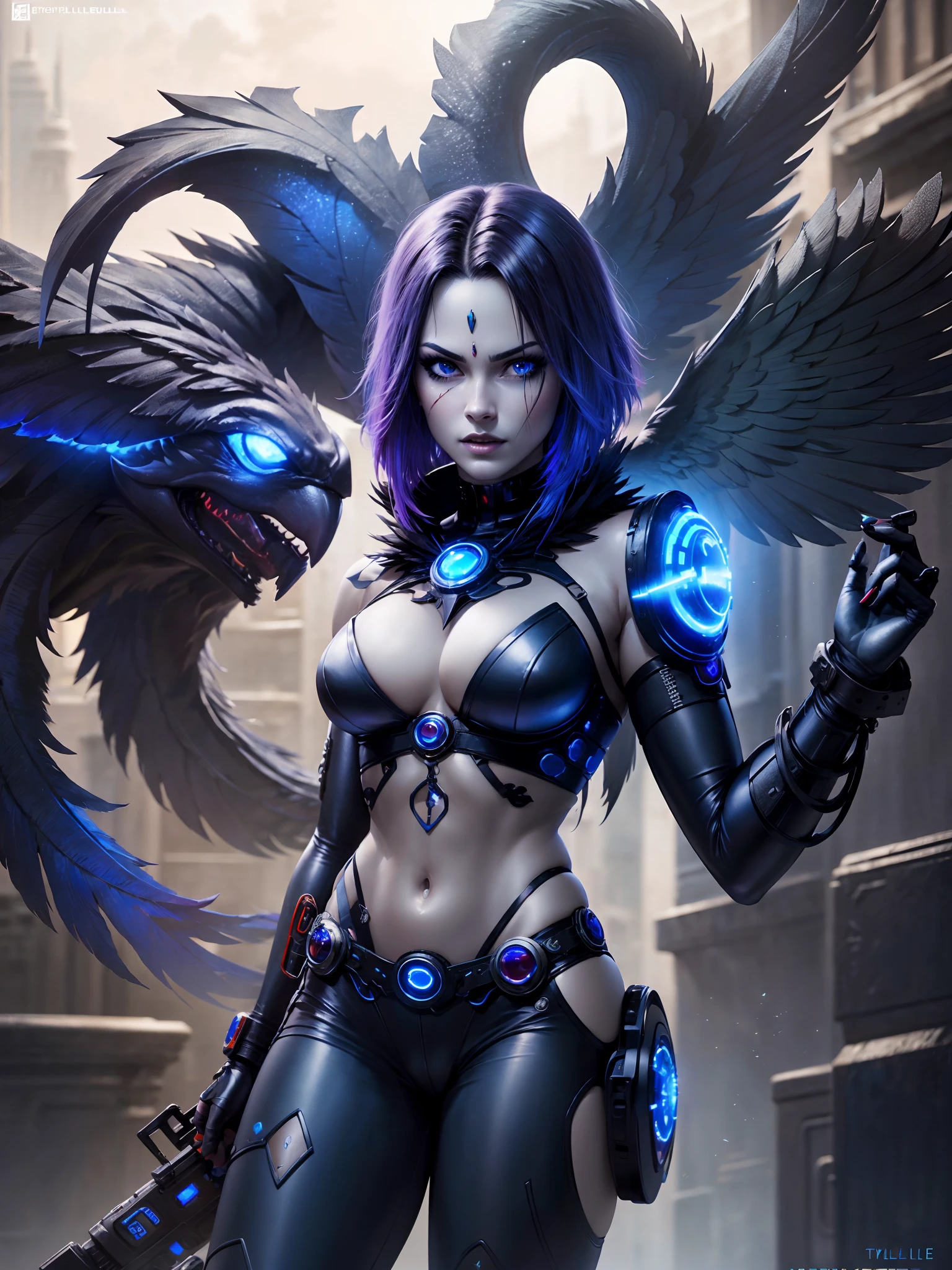 cyborg raven maiden, beautiful blue eyes, raven but with a cyberpunk twist, technopole, intricate, hyperdetailed