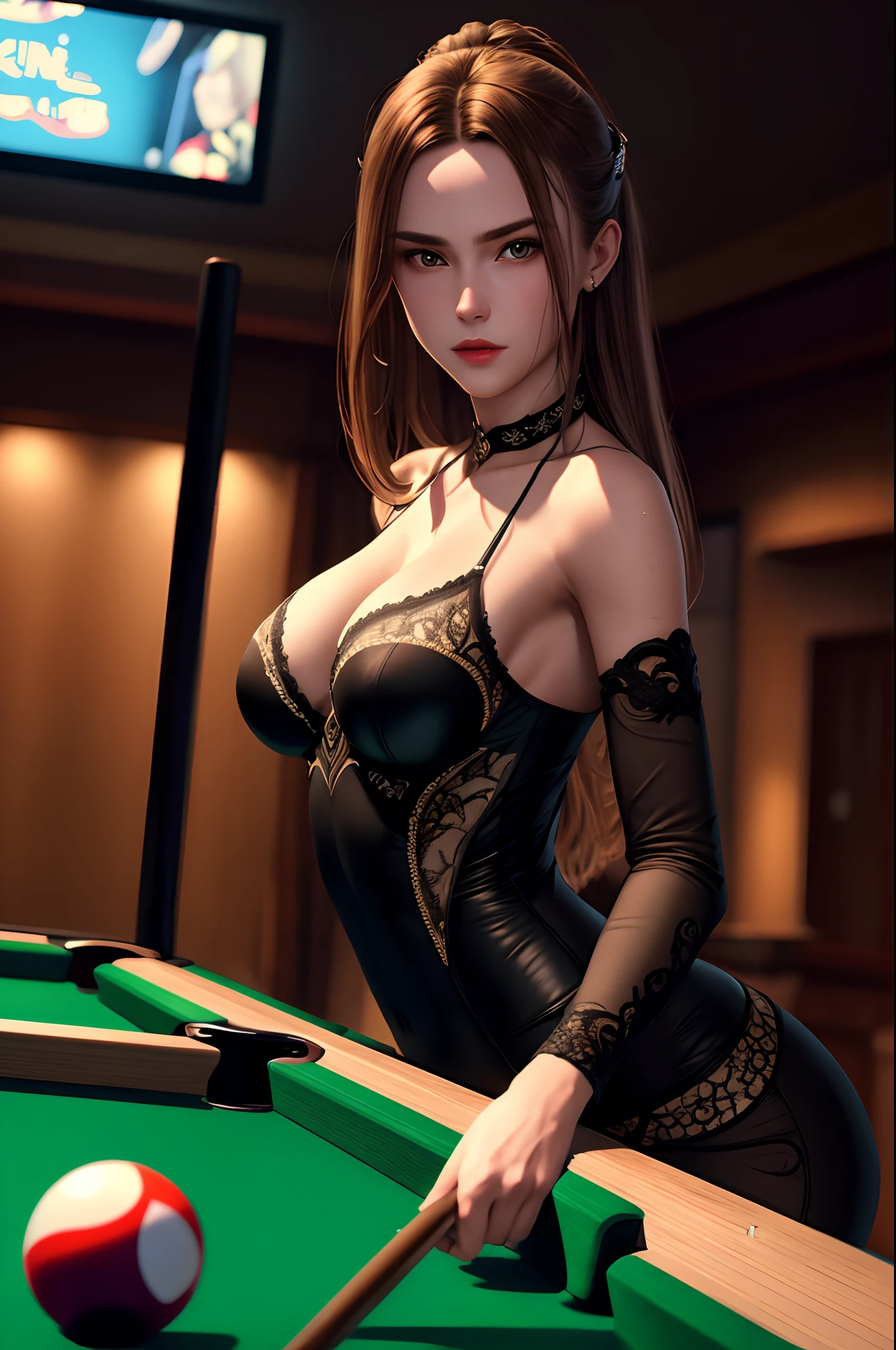 (Best Quality,8K,hight resolution,masuter piece:1.2),Ultra-detailed,Realistic:1.37,Portrait,Dynamic Angle,(Female billiards players) ,Teenage girl,small head,Cute,Sporty,Charming face,Detailed beauty face,Very realistic skin,Wet skin,Sweat,Large breasts,Narrow waist,nice legs ,Sporty,Billiards Venues ,Cinematic lighting,
