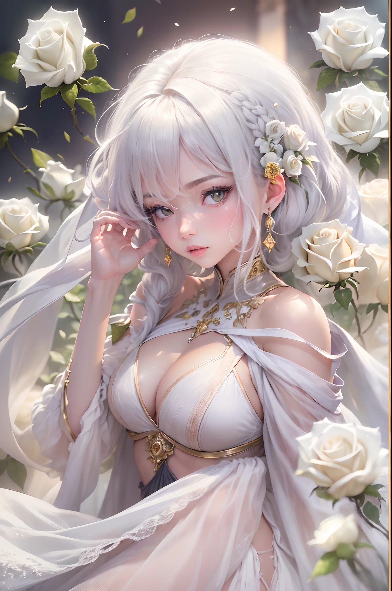 (((Masterpiece, Photorealistic, photo realism, 8K, Best Quality, Ultra-detailed))), cinematiclight, official arts, (1girl:1.3), (独奏:1.4), (((Sit))), trunk, sideways, Average Breasts,, Narrow waist, Sexually seductive, bare footed, (((a goddess))), Gorgeous and sexy costumes,photografic, ((((Crystal and diamond décor)))), Chinese dress, black stockings, ((((White rose background)))), white colored hair, light skin, bare shoulders, bellybutton, hair ornament, Fantasy, (((Magic glow)))