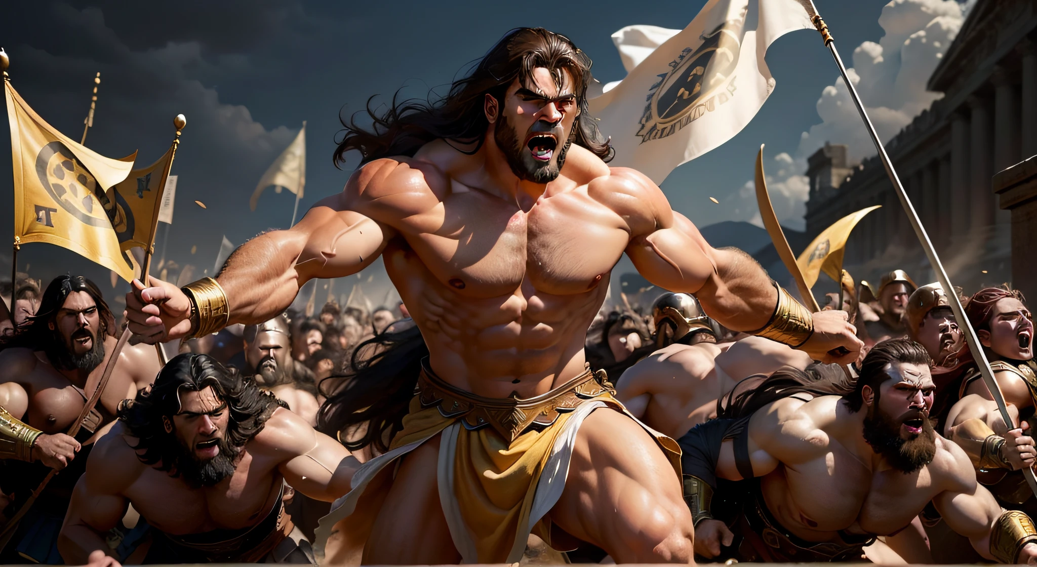 Generate an image that captures the epic and tragic moment of Hercules' death as he valiantly fights against a formidable army of Thracians. Show Hercules in the midst of a fierce battle, surrounded by Thracian warriors, but holding his ground with unmatched strength and bravery