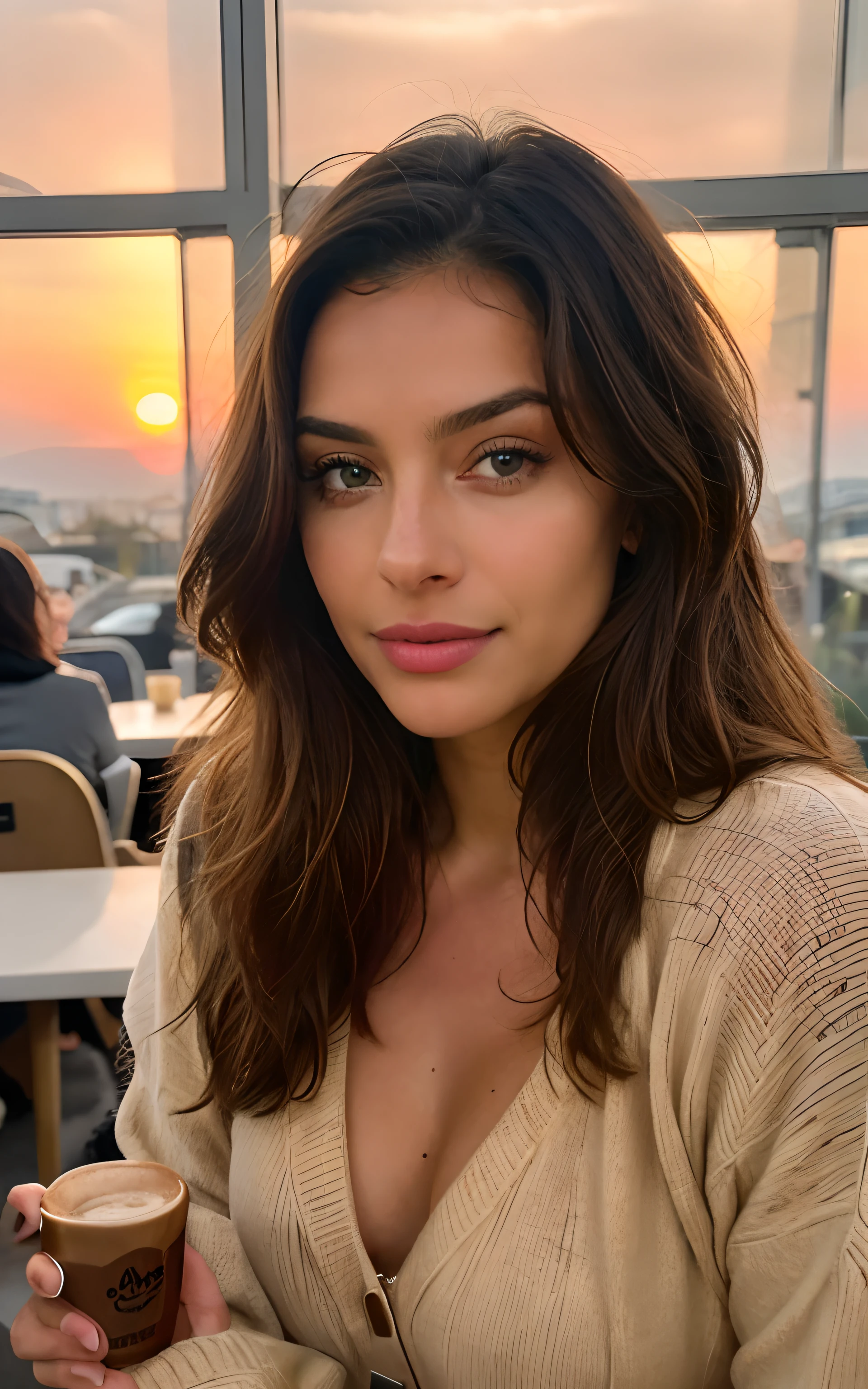 Beautiful brunette wearing a beige sweater (Holding a cup of coffee in a modern café at sunset), Very detailed, 21 anos, Rosto inocente, cabelos ondulados naturais, olhos azuis, high resolution, master part, best quality, detalhes intrincados, altamente detalhado, Crisp Focus, pele detalhada, textura de pele realista, textura, olhos detalhados, profissional, 4k, sorriso encantador, filmado em Canon, 85 millimeters, profundidade de campo rasa, Cor Kodak Vision, corpo de ajuste perfeito, extremamente detalhado, fotografia_\(Ultra\), photoreallistic, Realista, Post-processing, maximum details, rugosidade, vida real, Ultra realista, fotorrealismo, fotografia, 8k UHD, fotografia