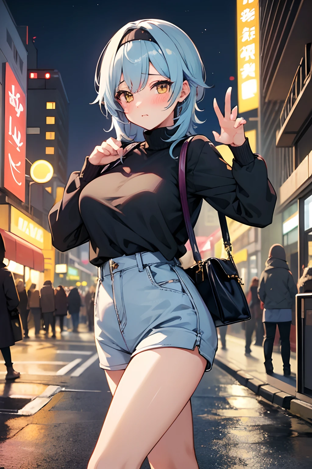 ((masutepiece)), ((Best Quality)), in 8K, nsfw, detaileds, Ultra-detailed, Detailed and Intricicated, fullnude, 1girl in,  large boob, light blue and green hair, bob cuts, Cat's ears, a smile, Blushing cheeks, Black hoodie, Clothes Combing, Blue skirt, Glittering night view