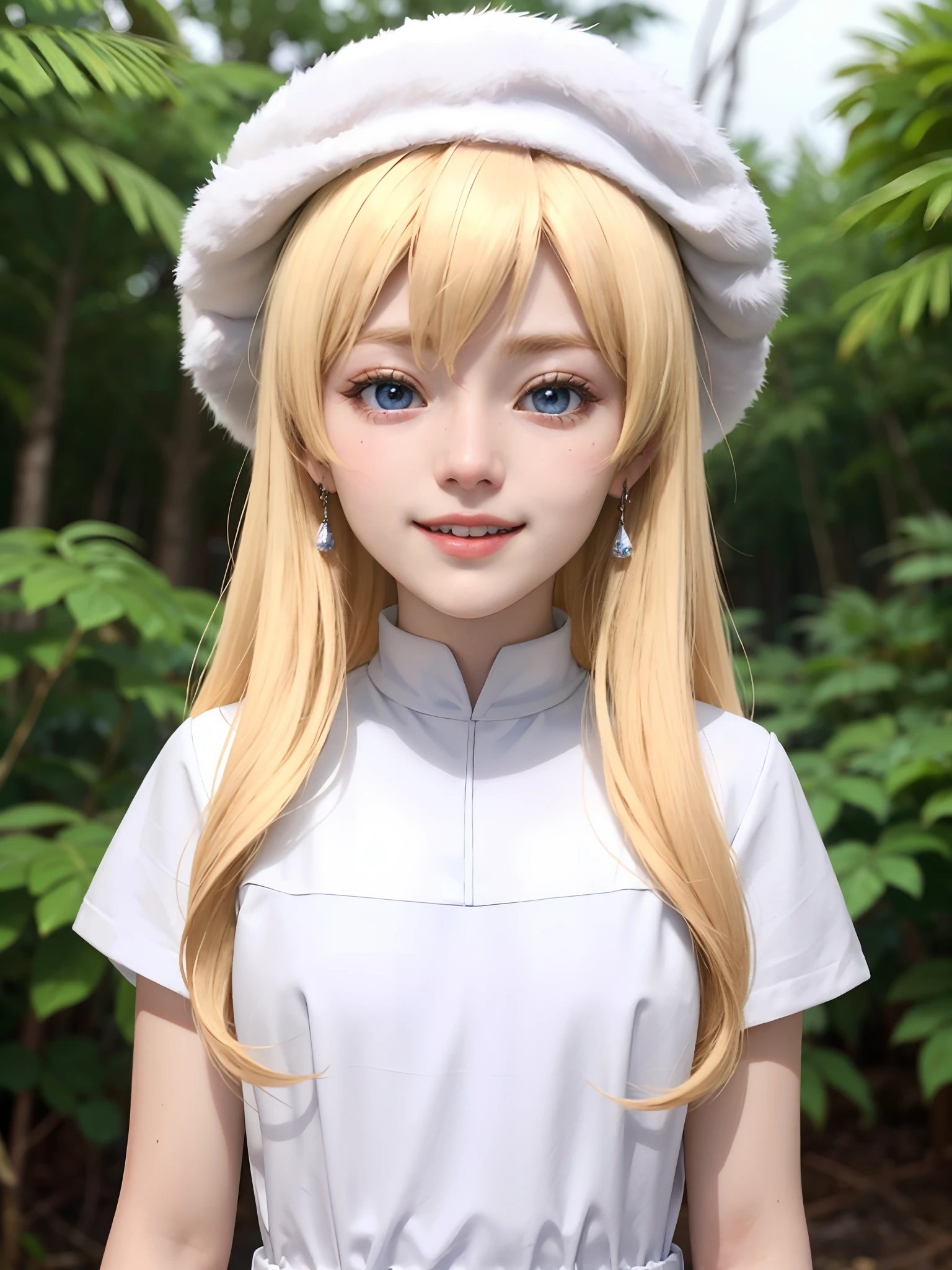 (masuter piece、Best Quality、Cute symmetrical face、Norse man、Beautiful blonde hair with bangs、Medium shorthair blonde、1 girl、Very young pretty girl、Very young girl、Very young pretty girl、Very small cute girl、Deities々Shii Girl、Very young face、Symmetrical and very cute face)、(Beautiful shiny beautiful blonde hair with bangs、Intense crystal light blue eyes、Pale colored crystal light blue eyes、no earrings、Beautiful white skin)、(Cute costume of Santa Claus in red and white、Cute hat of Santa Claus in red and white、Very cute girl from Santa Claus)、5years old、Very young very cute girl:1.5、Deities々Cute ***********、very cute female child、happily laughing、Smile happily、The best smile、Beautiful teeth、Beautiful teeth alignment、Beautiful skins、Staring into the distance on the left、Forest with light on beautiful nature background、Deities々Deep forest background、Winter forest background、cowboy  shot