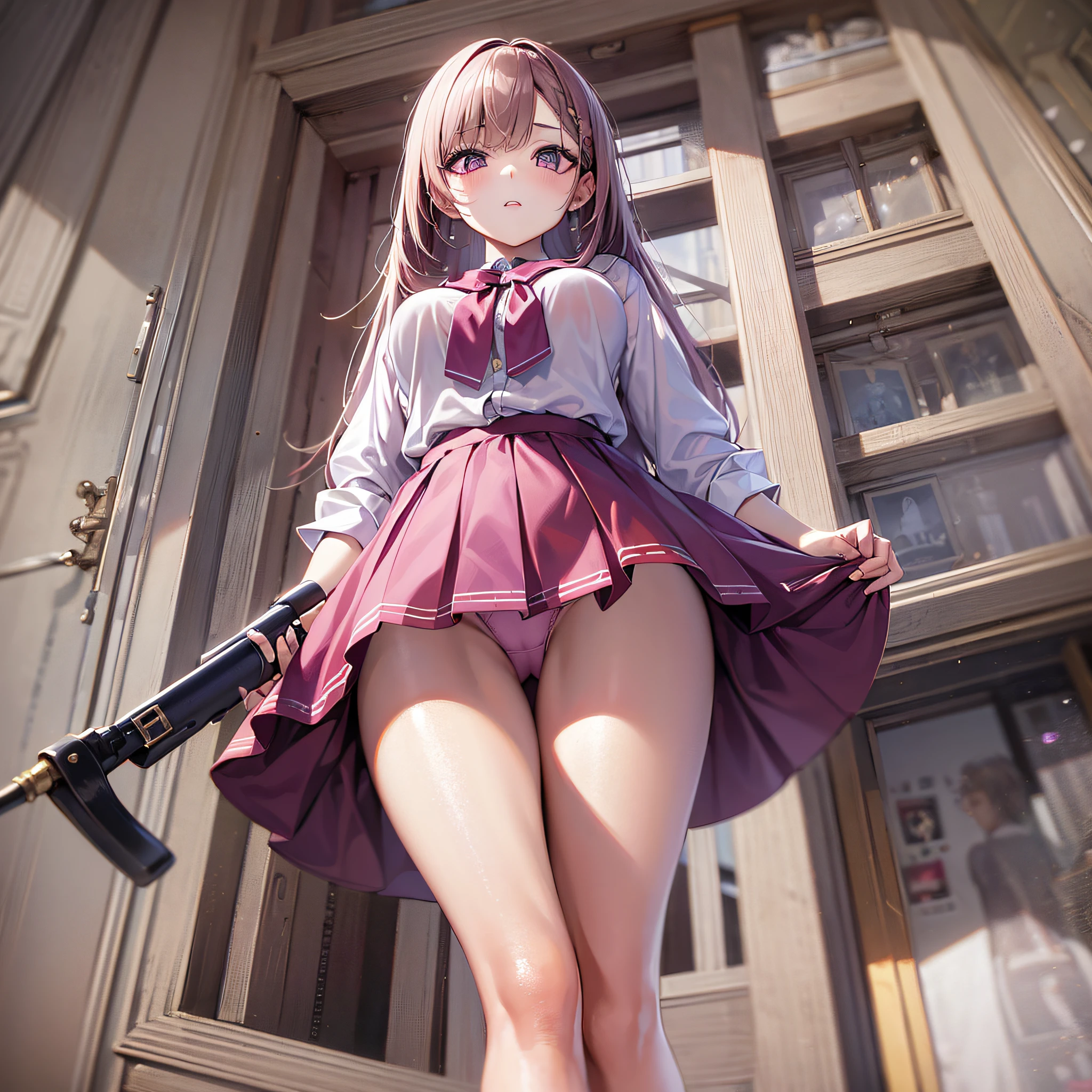 master part, melhor qualidade, high resolution, Purple eyes, high-school uniform, Mini Saia, Saia plissada, Virilha Aberta Agachamento, Elevador de vestido: 2,Show tiny pink panties, olhe para baixo, Close-up, Angle directly below