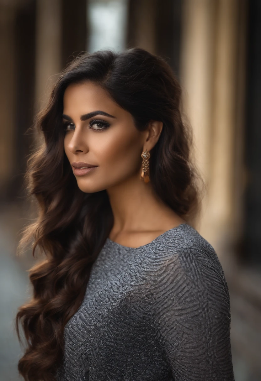 uma mulher latina colombiana, parda, 28 anos de idade, cabelo castanho escuro, olhos pretos, cabelos pretos e ondulados, hiper-realista,