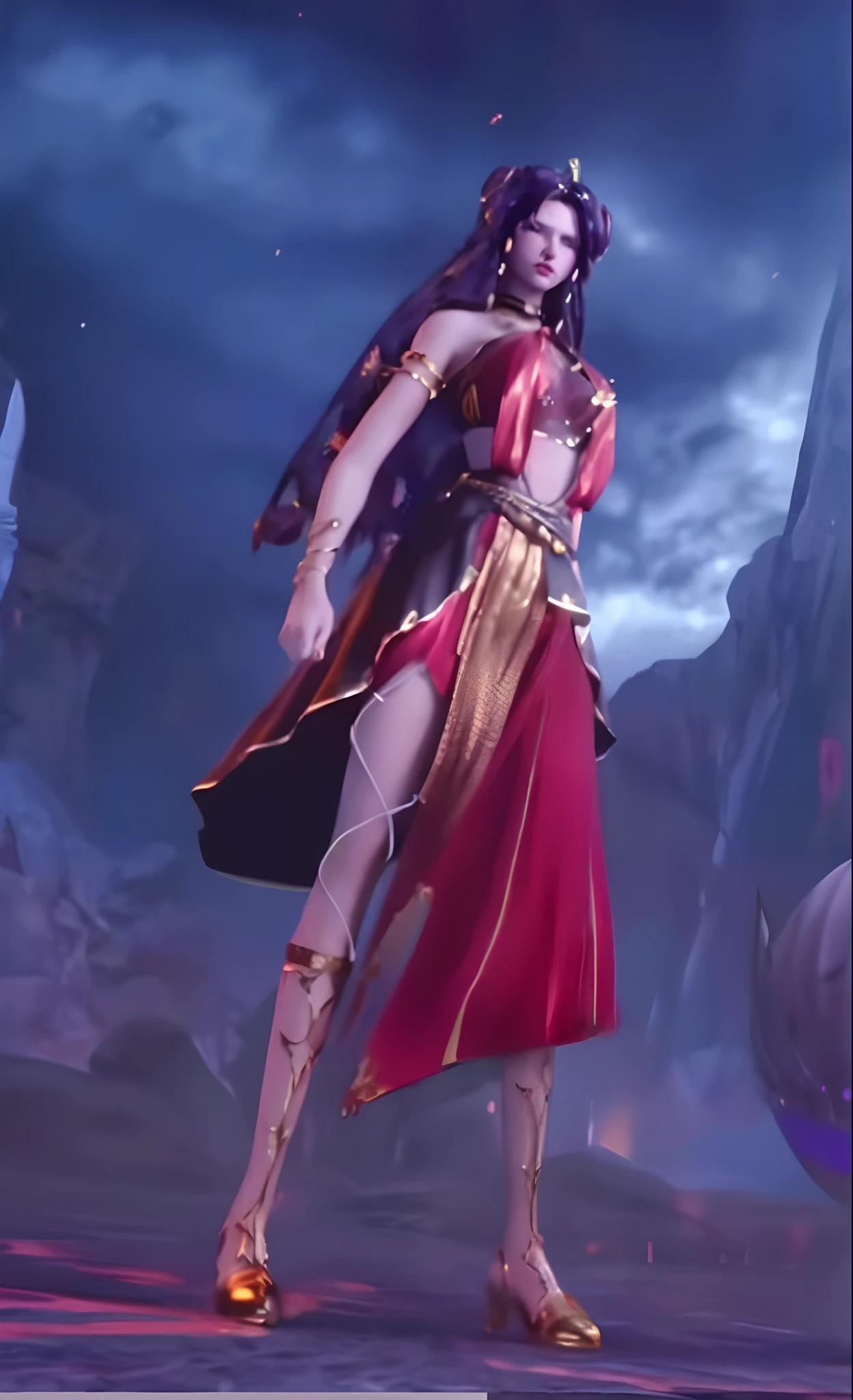 Antique hair,Ancient wind,Close-up of a woman in a red dress standing in front of a rock, full-body xianxia, appears as the fire goddess, zhongli from genshin impact, Keqing from Genshin Impact, maya ali as a lightning mage, ne zha from smite, fantasyoutfit, astral witch clothes, maya ali as a wind mage