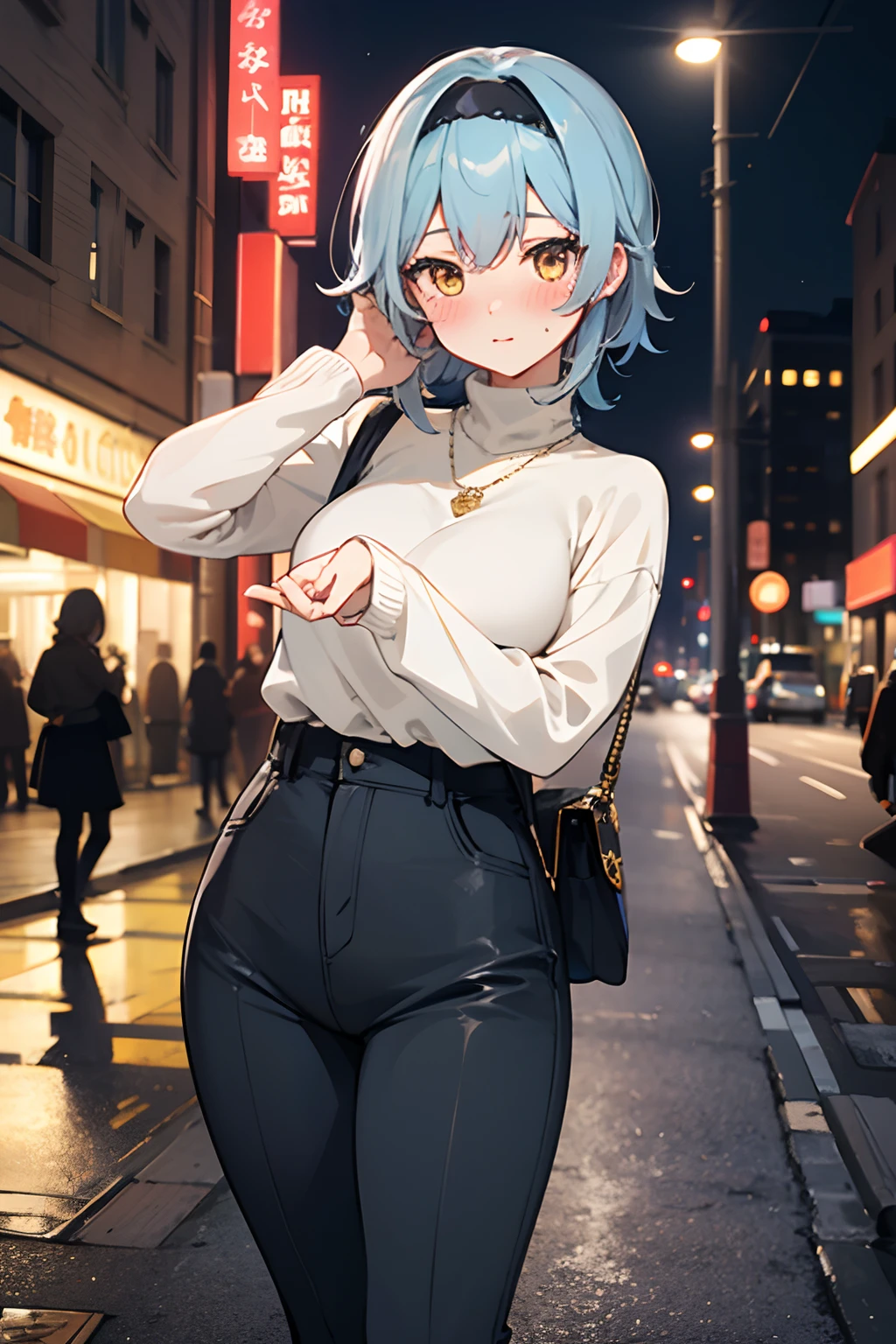 SFW, masterpiece, standing (woman 1), (((cute pose)), ((casual clothes))), yellow eyes,  pouder blue hair, cute blush, (city), wind, blush, ((milf)), night, busy street, turtleneck, perfect hands, purse, off sholders
