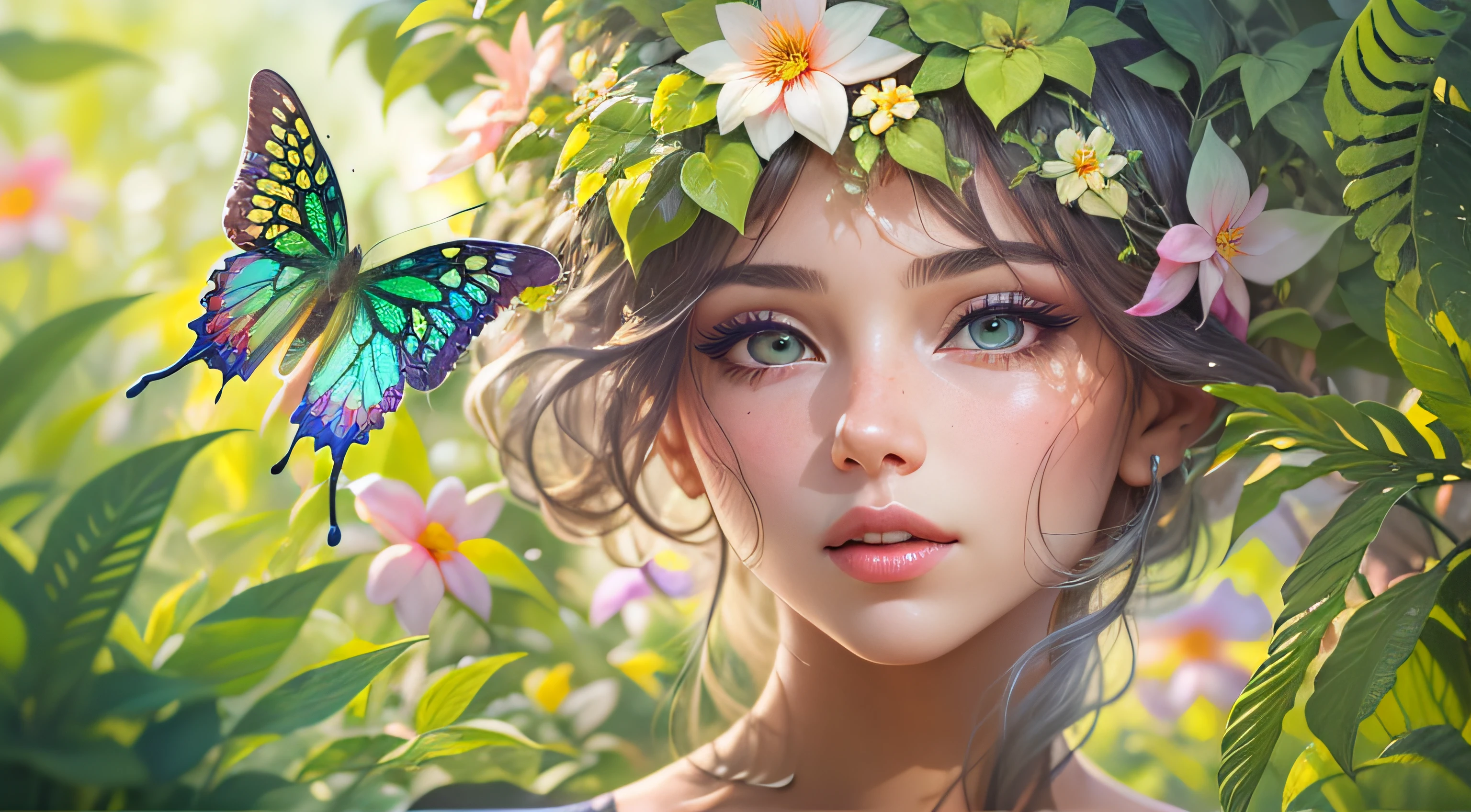 (best quality,ultra-detailed),girl in a garden,mixed media,beautiful detailed eyes,beautiful detailed lips,extremely detailed eyes and face,longeyelashes,lush green plants,fluttering butterflies,colorful flowers,bright sunshine,serene atmosphere,soft breeze,pastel color palette,warm lighting