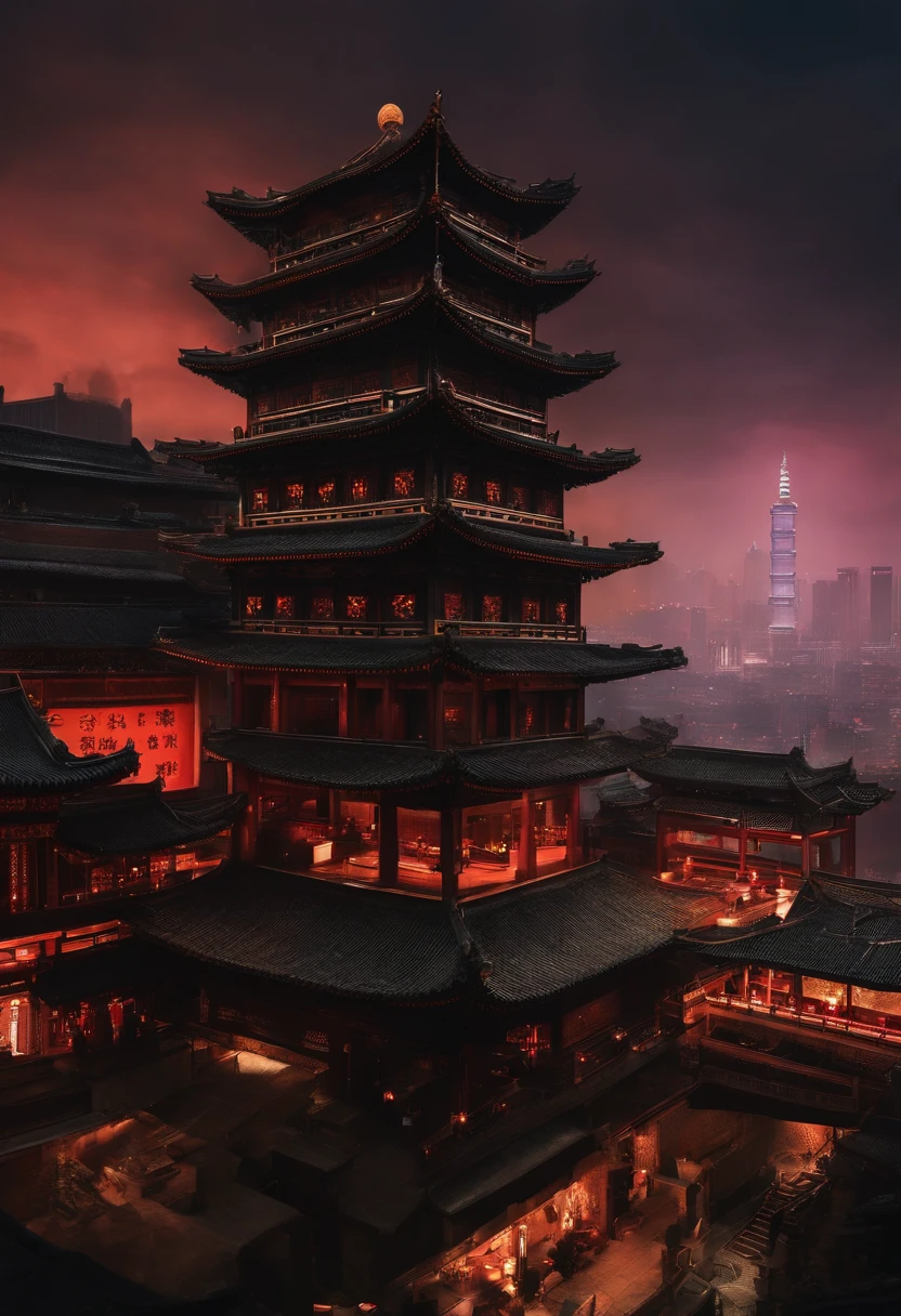 Close-up of Beijing Drum Tower,Ancient architecture combined with the city of the future,Cyberpunk night view,Front view,フォトリアリスティック,cinematic Film still from