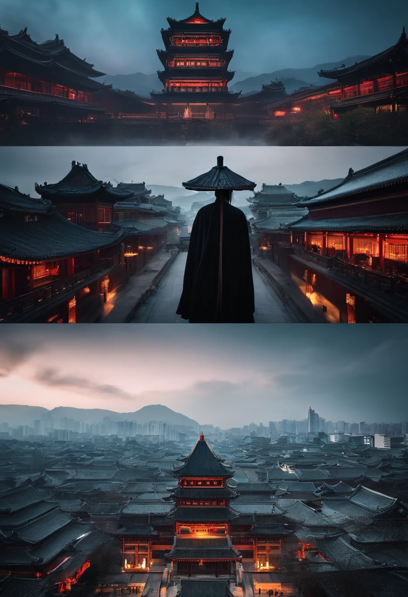 The top half of the picture is a high-rise building with a technological style,Below are ancient Chinese buildings,There is a black-cloaked assassin on the building