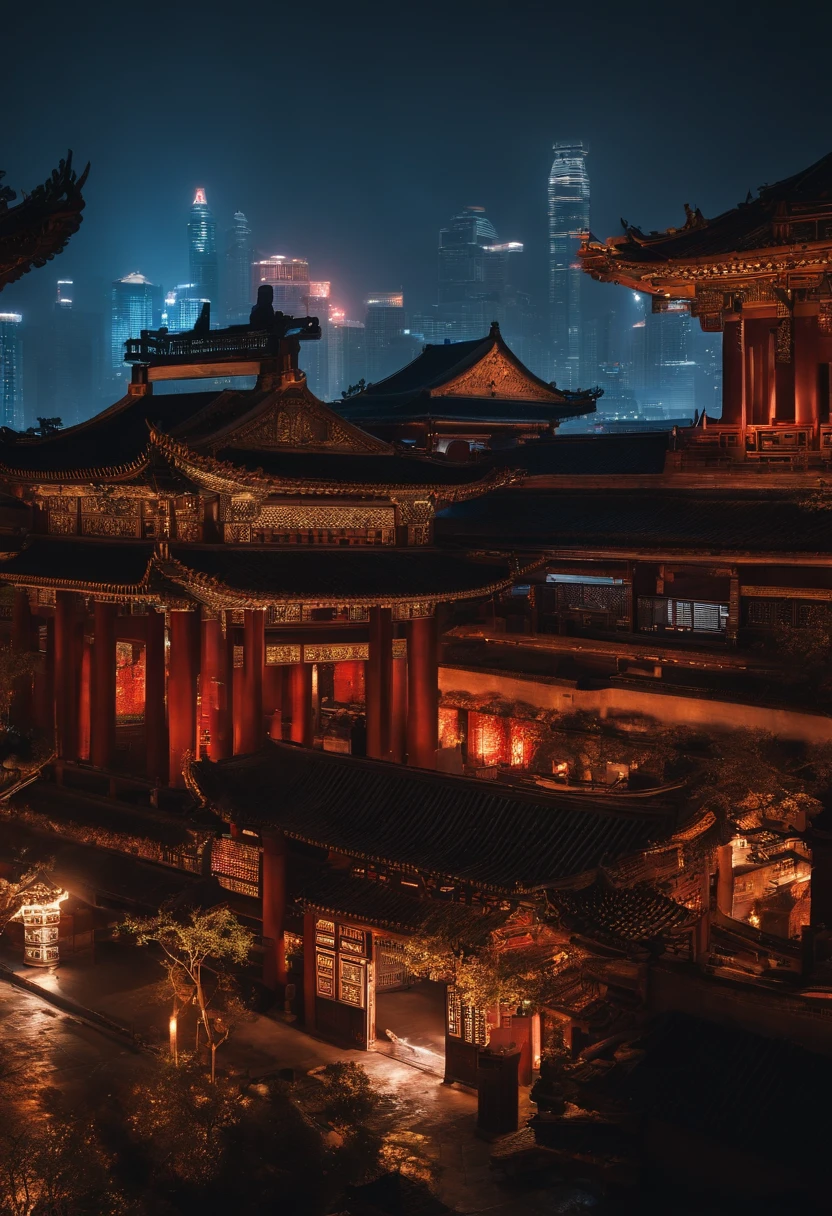 The top half of the picture is a high-rise building with a technological style，Below are ancient Chinese buildings，There is a black-cloaked assassin on the building