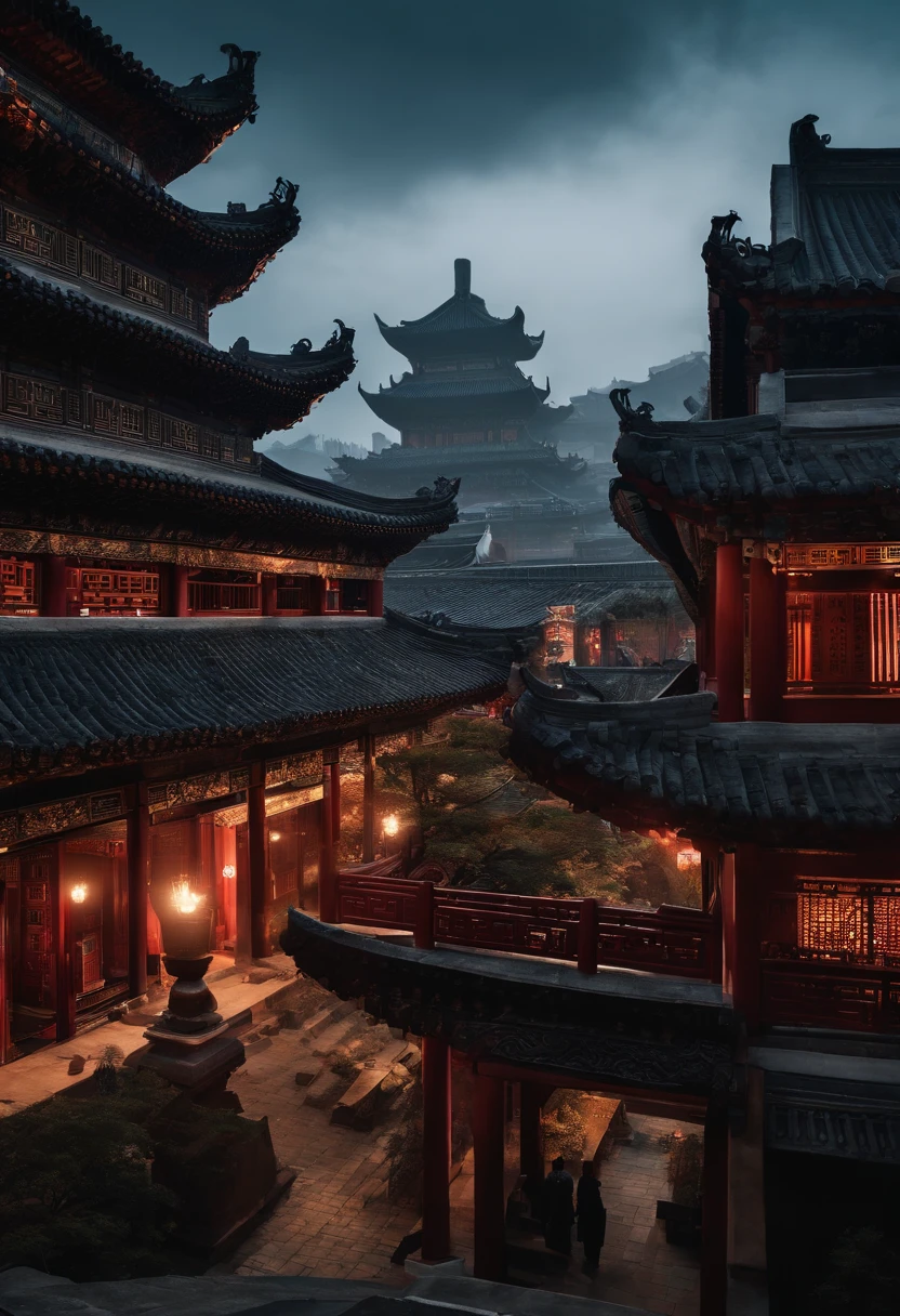 The top half of the picture is a high-rise building with a technological style,Below are ancient Chinese buildings,There is a black-cloaked assassin on the building