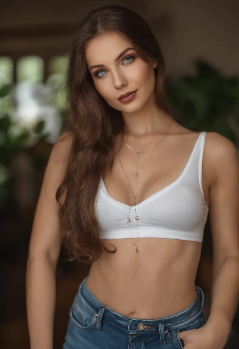 Highest picture quality, Herausragende Details, ultra-high resolution, (Realismus: 1.4) Woman with white tank top and necklace, y girl with green eyes, portrait sophie mudd, brown hair and big eyes, Selfie einer jungen Frau, Augen im Schlafzimmer, Violet Myers, ohne Make-up, Natural makeup, Blick direkt in die Kamera, Gesicht mit Artgram, dezentes Make-up, Stunning full body shot, piercing green eyes