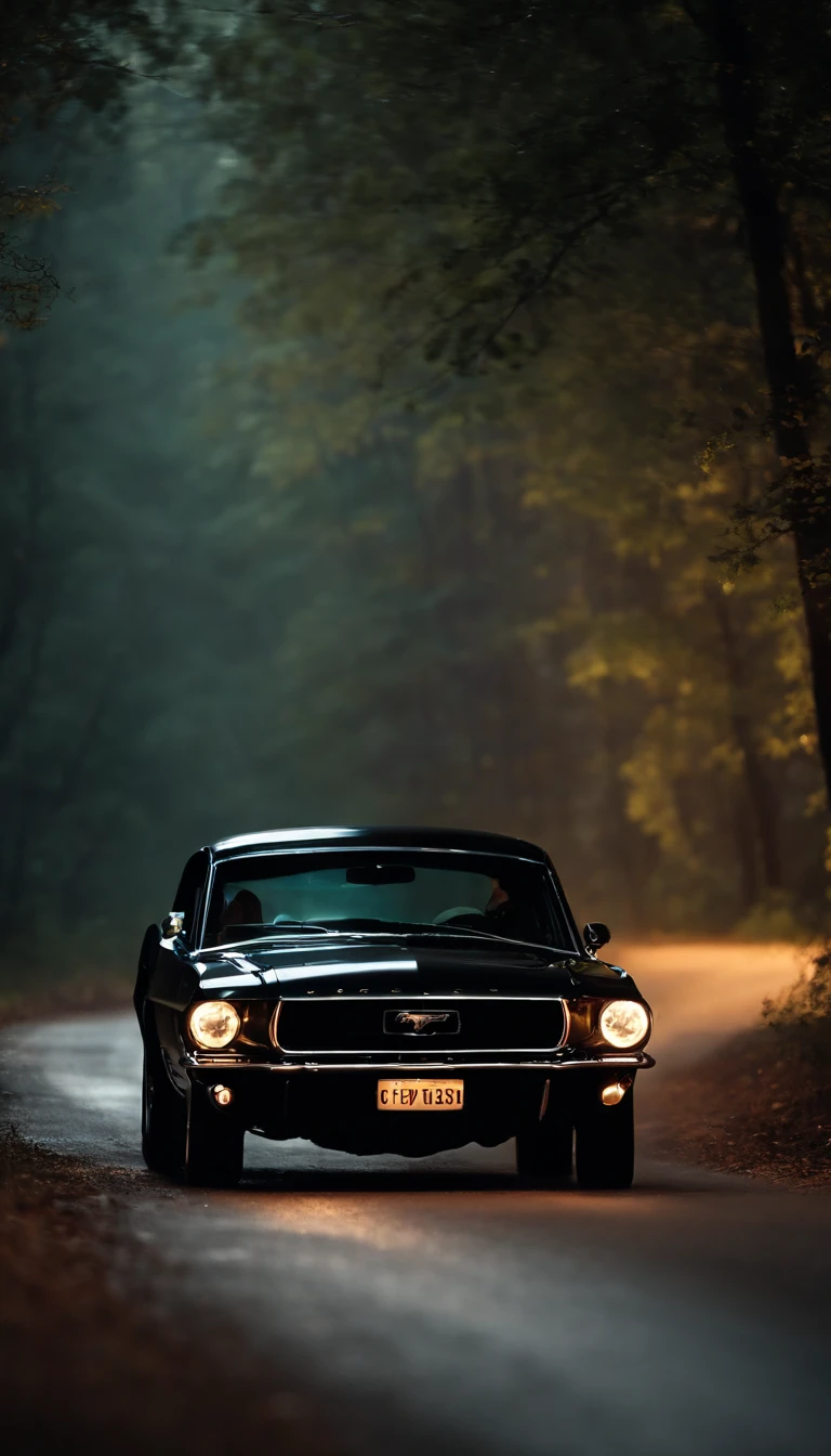 Woman driving a black Ford Mustang on a road in the woods at night