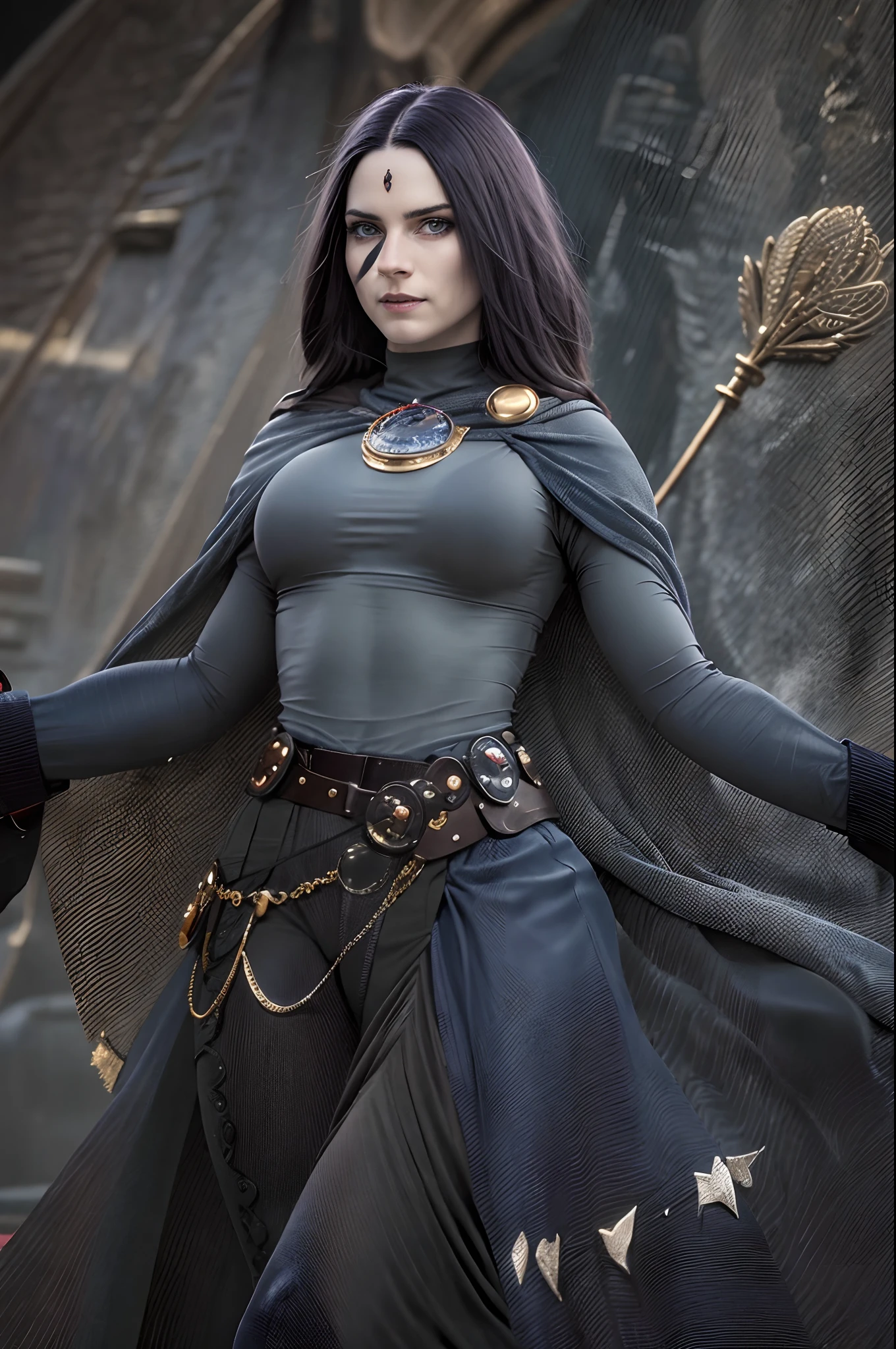 enjinight as Raven, solo cowboy shot,  pale skin, black leotard, turtleneck, sexy hip and thighs, very large hips, dark blue cape,  gold belt, jewels, medallion, athletic, looking at viewer, soft blue mist, fog, volumetric lighting, best quality, masterpiece, intricate details, sharp focus, hyper detailed