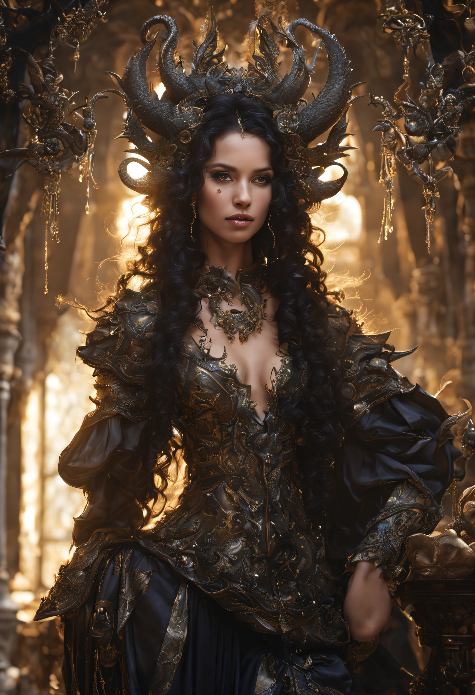 (Beautiful dragon girl years), (long black curly hair), (Dragon horns on the head), (Black mother-of-pearl scales), (Languid look), (full length:1.4), (Sly grin), jewels, cloths, (Completely nude), Fantasy Gothic interior, Sun light, Magic shining pollen in the rays of the sun, ornate patterns, Column, Curtains, hiquality, wallpapers, 24 thousand..........., ultradetail, topquality