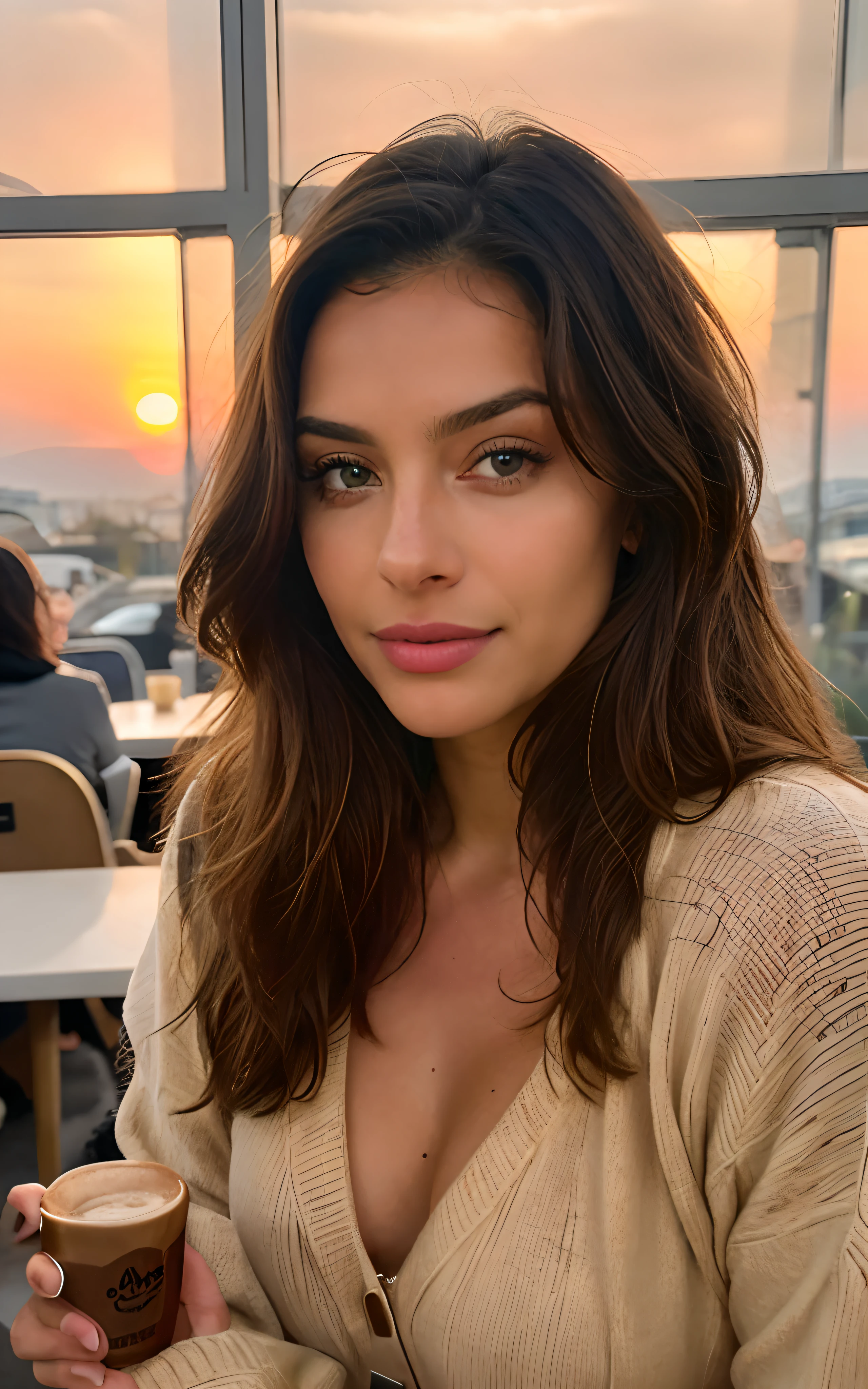 Beautiful brunette wearing a beige sweater (Holding a cup of coffee in a modern café at sunset), Very detailed, 21 anos, Rosto inocente, cabelos ondulados naturais, olhos azuis, high resolution, master part, best quality, detalhes intrincados, altamente detalhado, Crisp Focus, pele detalhada, textura de pele realista, textura, olhos detalhados, profissional, 4k, sorriso encantador, filmado em Canon, 85 millimeters, profundidade de campo rasa, Cor Kodak Vision, corpo de ajuste perfeito, extremamente detalhado, fotografia_\(Ultra\), photoreallistic, Realista, Post-processing, maximum details, rugosidade, vida real, Ultra realista, fotorrealismo, fotografia, 8k UHD, fotografia