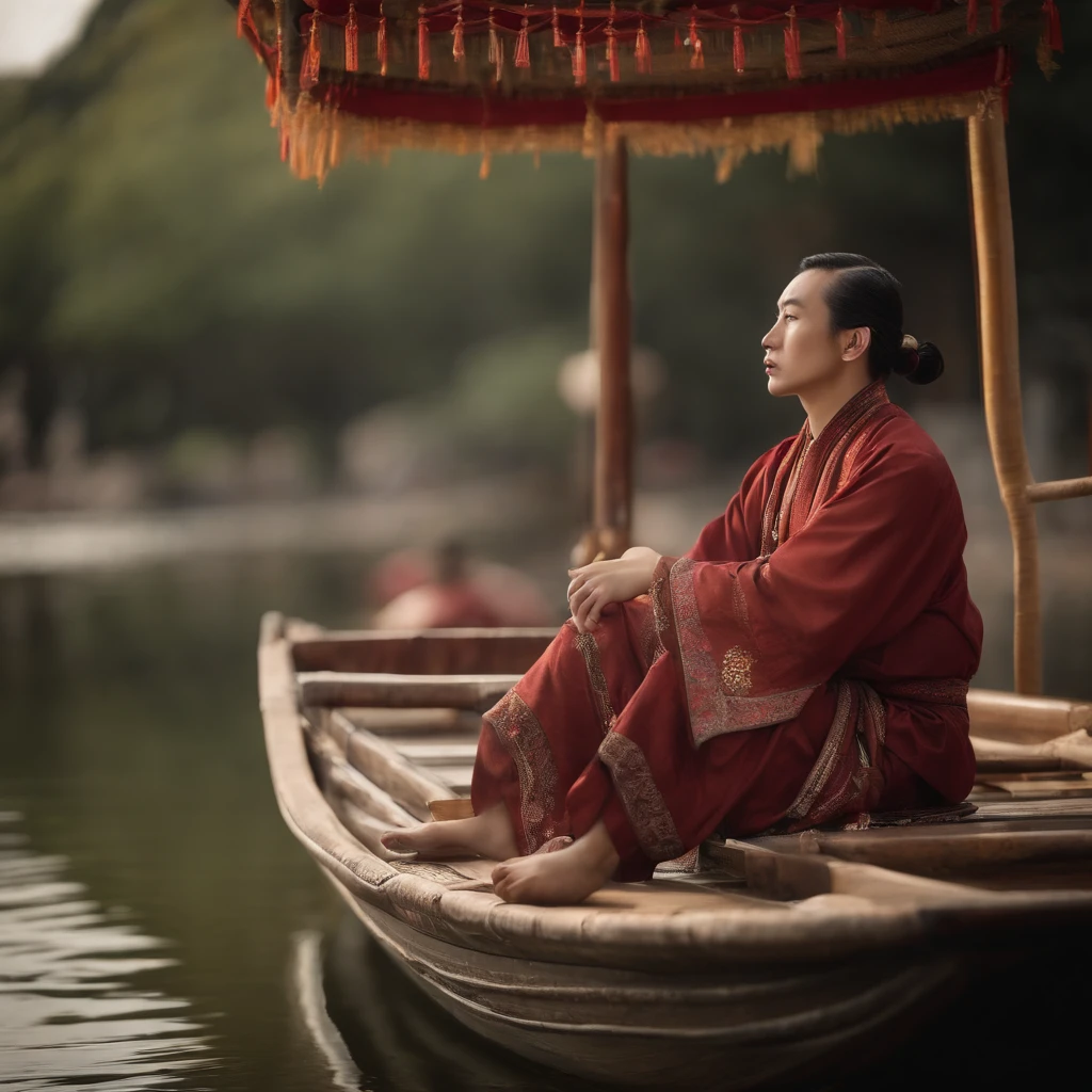 Arafed man in straw hat sitting on a boat, cai xukun, Hanfu, chinese style, White Hanfu, inspired by Bian Shoumin, based on Liu Jun, With exquisite Chinese clothes, based on Huang Gongwang, inspired by Gu An, inspired by Chen Daofu, inspired by Xiao Yuncong, inspired by Wu Bing