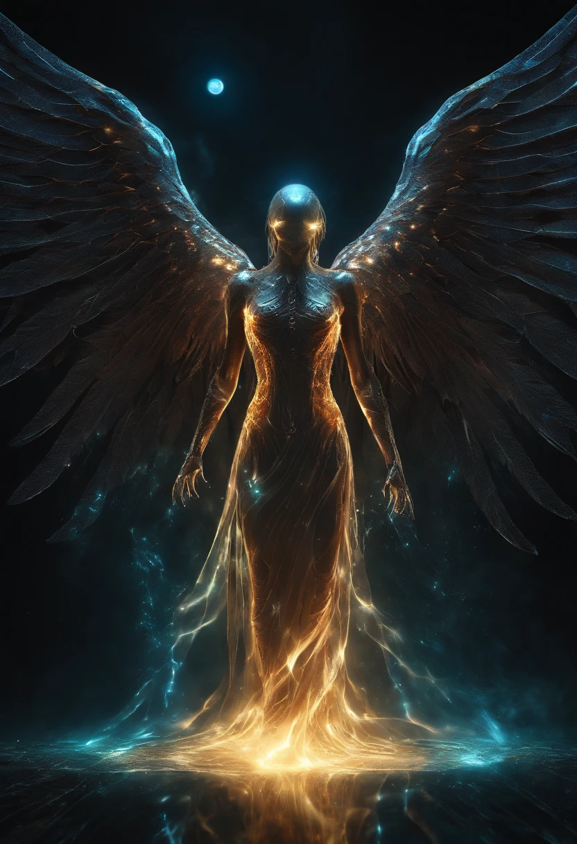 Cosmic Fallen Angel, glowing light eyes, Biomechanical, eerie, Creepy, nightmarish, Very bright colors, Light particles, with light glowing, Mshiff, wallpaper art, UHD wallpaper
