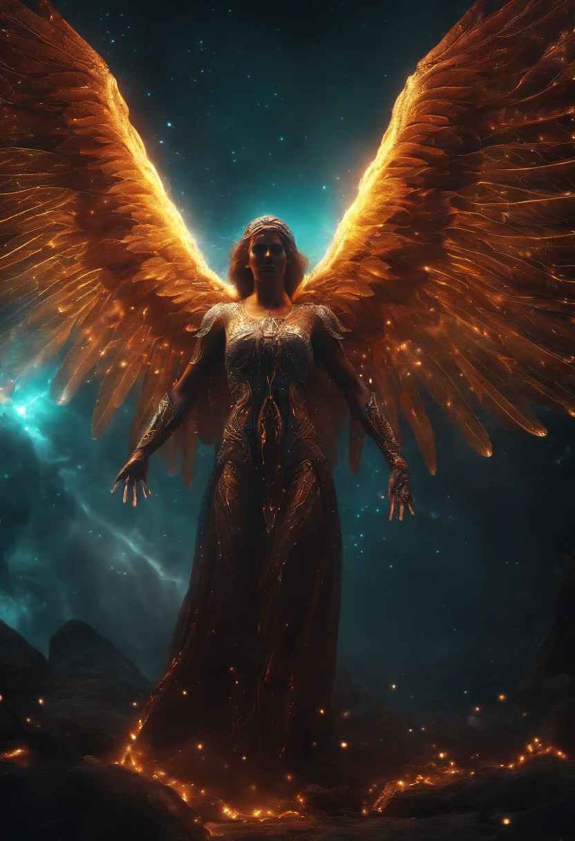 Cosmic Fallen Angel, glowing light eyes, Biomechanical, eerie, Creepy, nightmarish, Very bright colors, Light particles, with light glowing, Mshiff, wallpaper art, UHD wallpaper