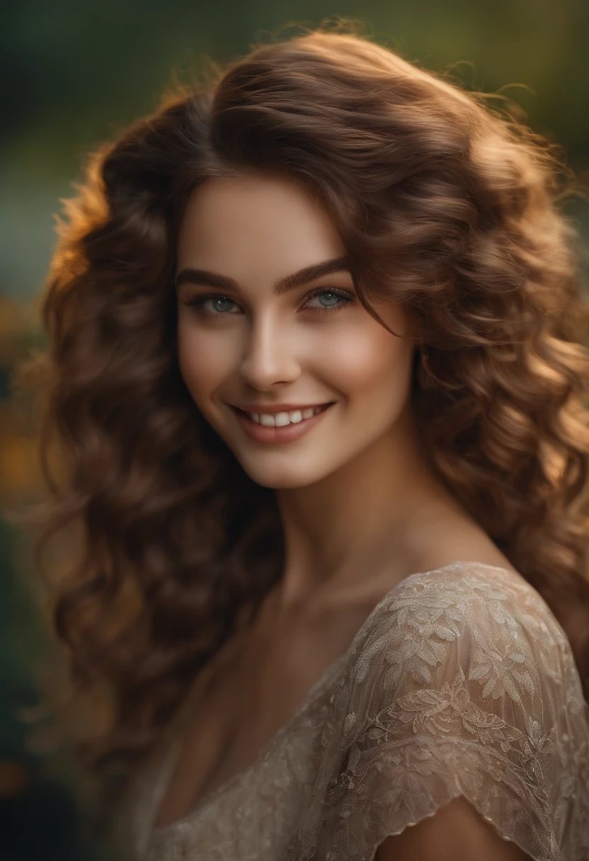Ultra-realistic girl with well-defined facial details all over her body, cheveux brun clair, Souriant, wavy hair, with Russian features
